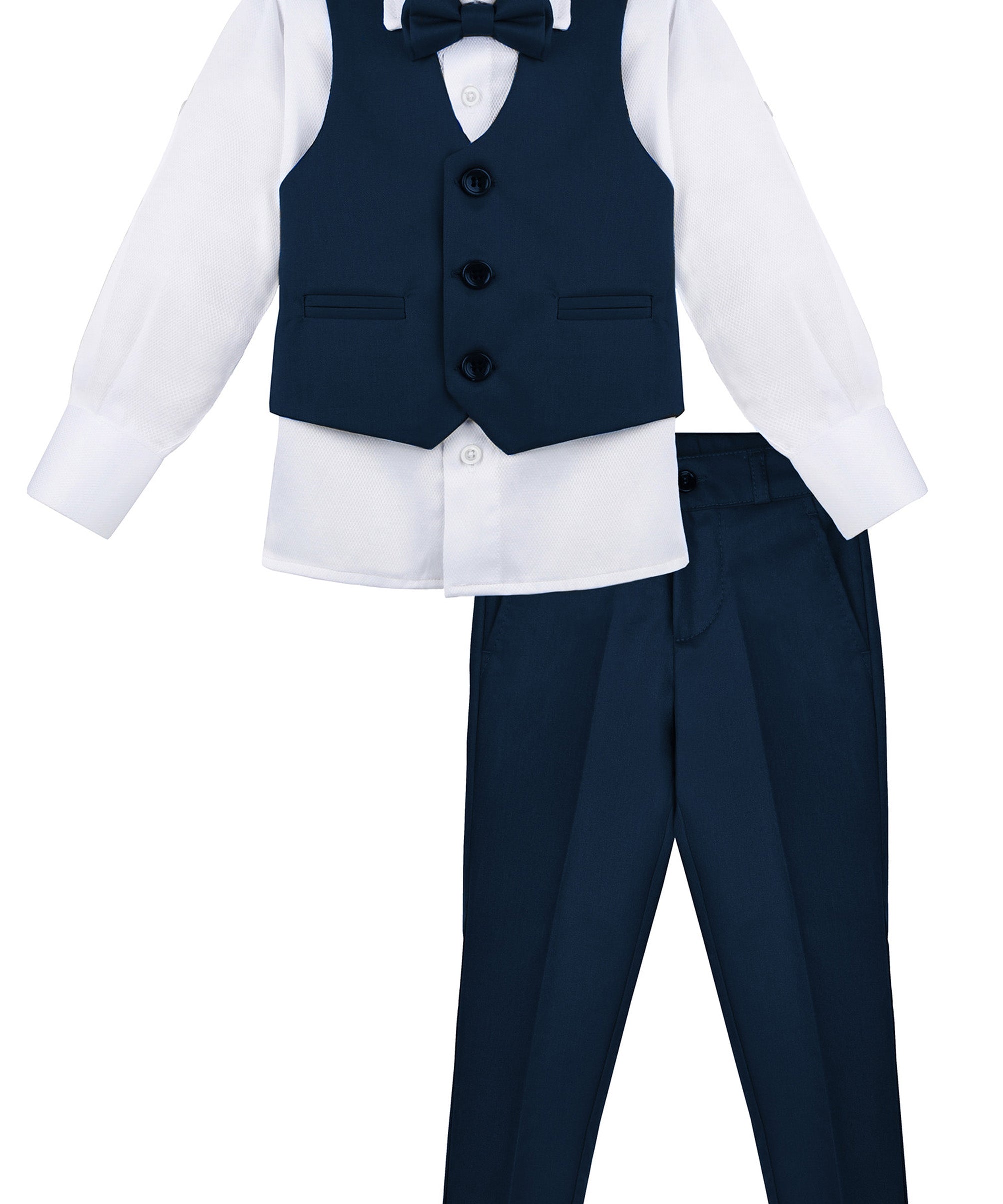 Boys 4 piece tuxedo suit with shirt, pants, vest and bow tie; perfect for baby boy clothes & christmas gift ideas  