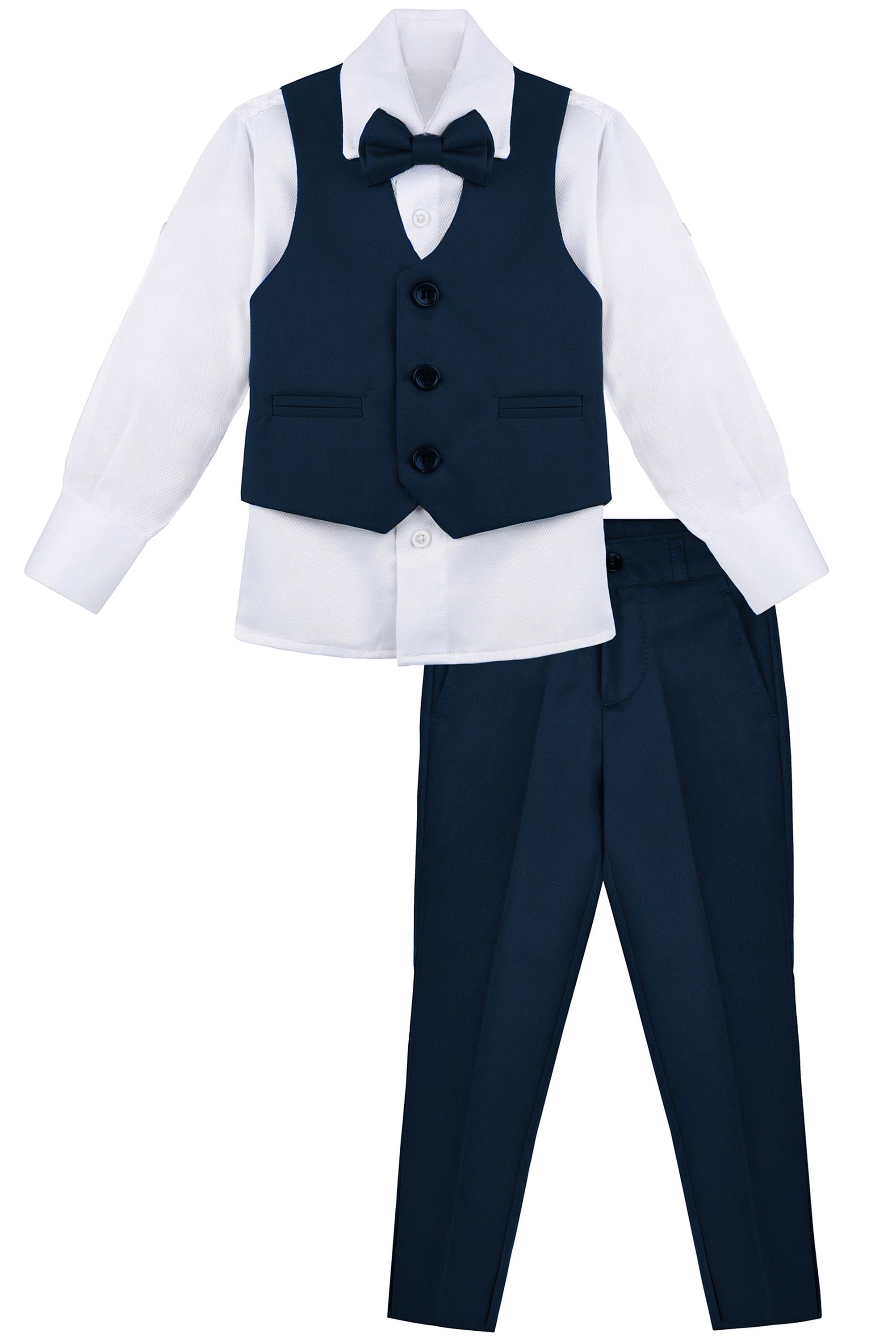 Boys 4 piece tuxedo suit with shirt, pants, vest and bow tie; perfect for baby boy clothes & christmas gift ideas  