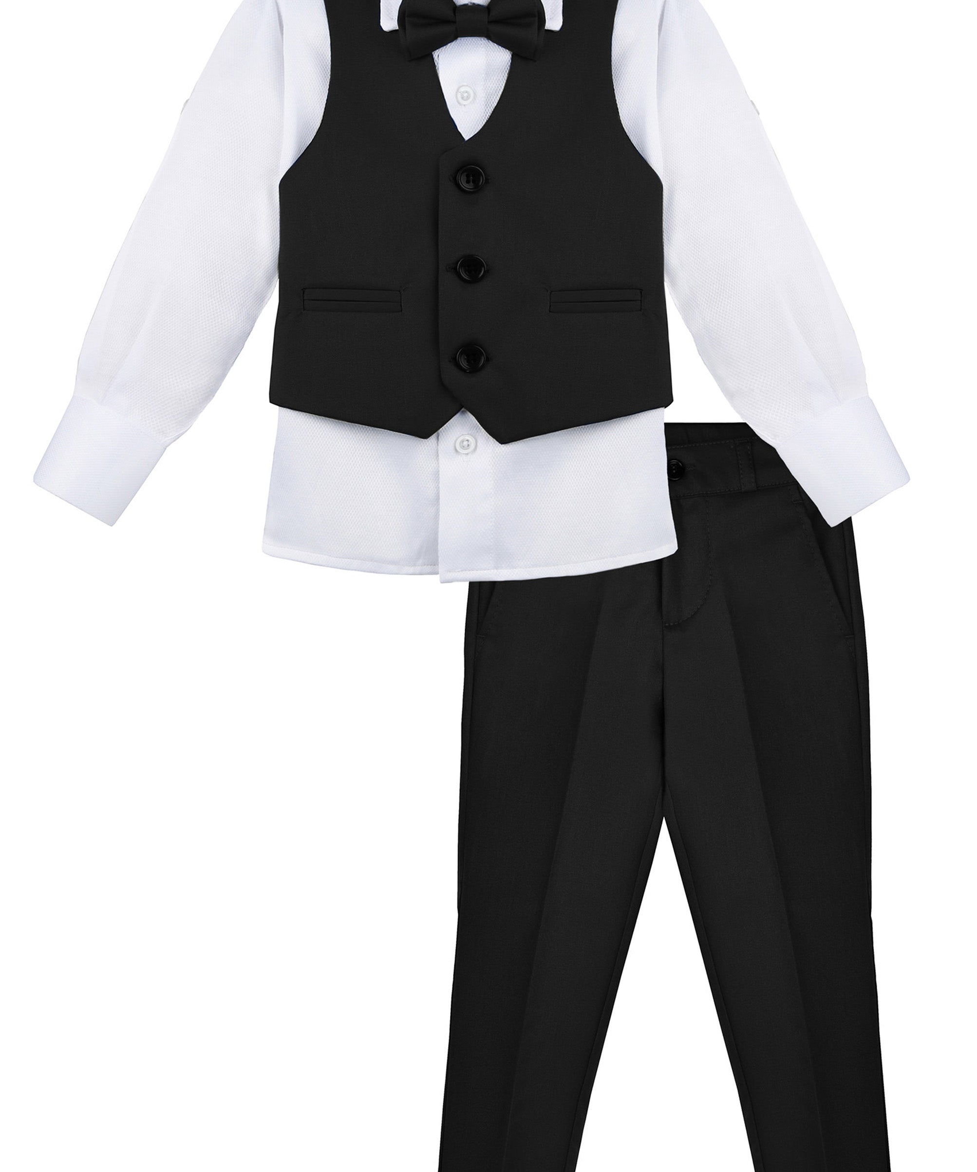 Boys 4 piece tuxedo suit with shirt, pants, vest and bow tie; perfect for baby boy clothes & christmas gift ideas  