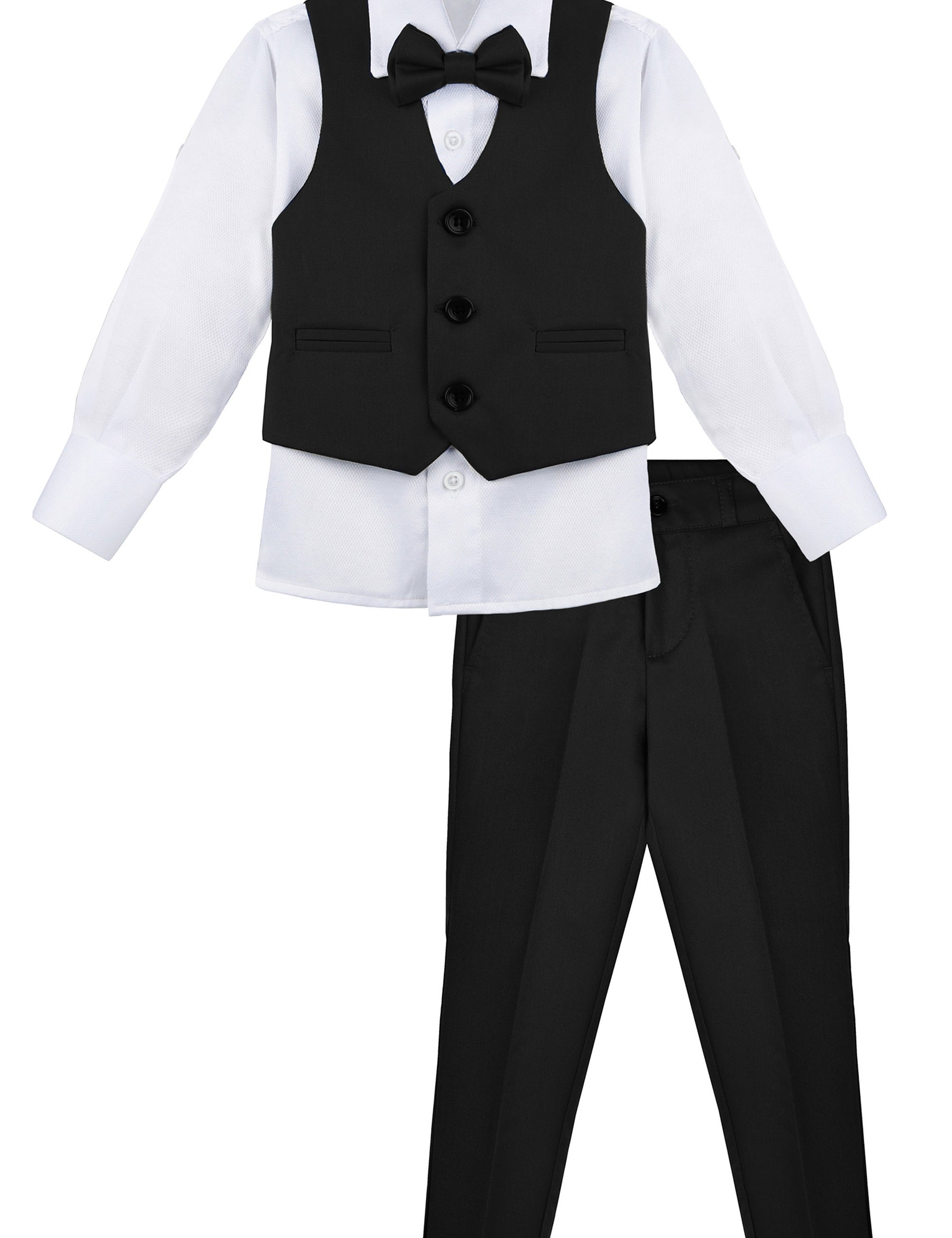 Boys 4 piece tuxedo suit with shirt, pants, vest and bow tie; perfect for baby boy clothes & christmas gift ideas  