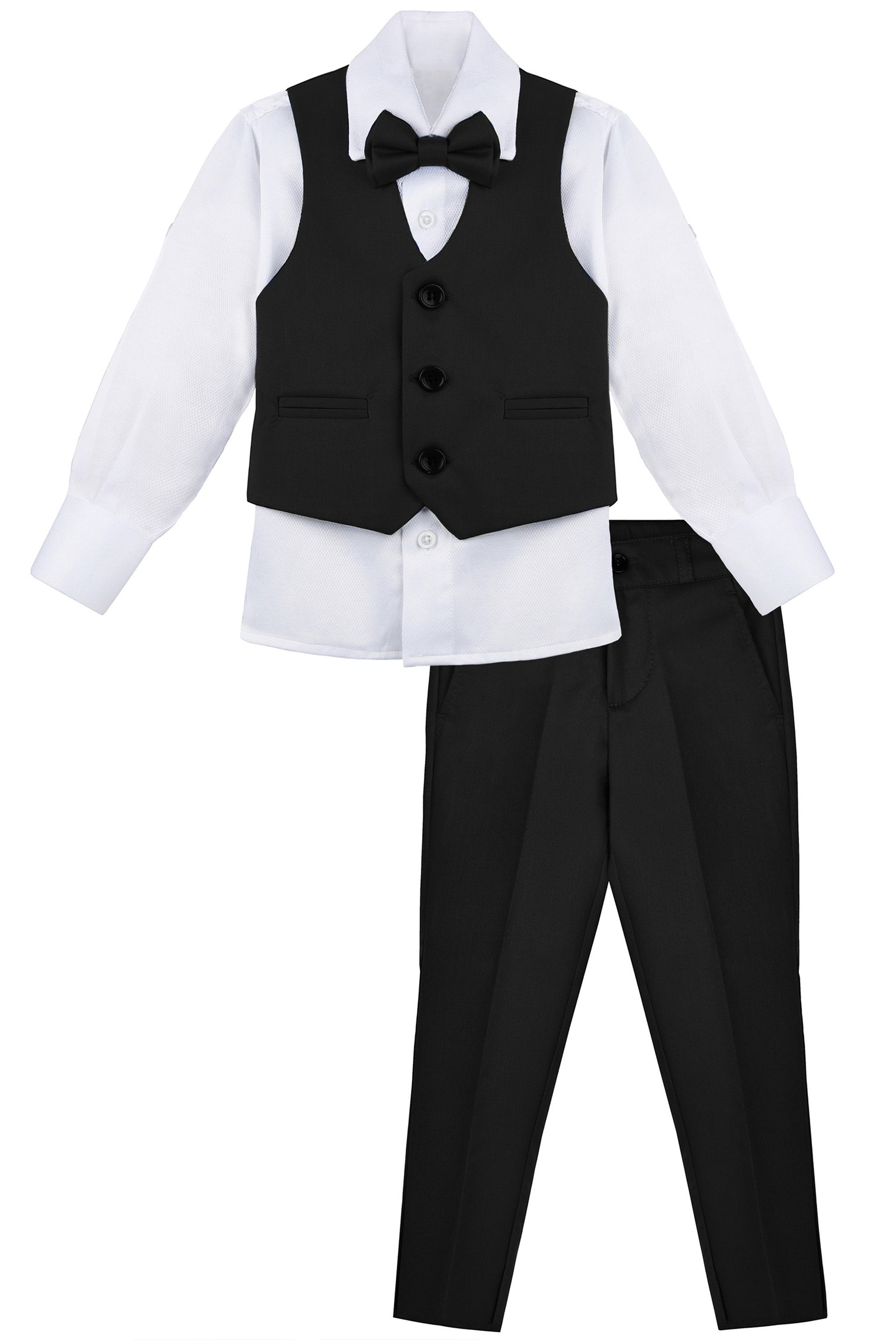 Boys 4 piece tuxedo suit with shirt, pants, vest and bow tie; perfect for baby boy clothes & christmas gift ideas  