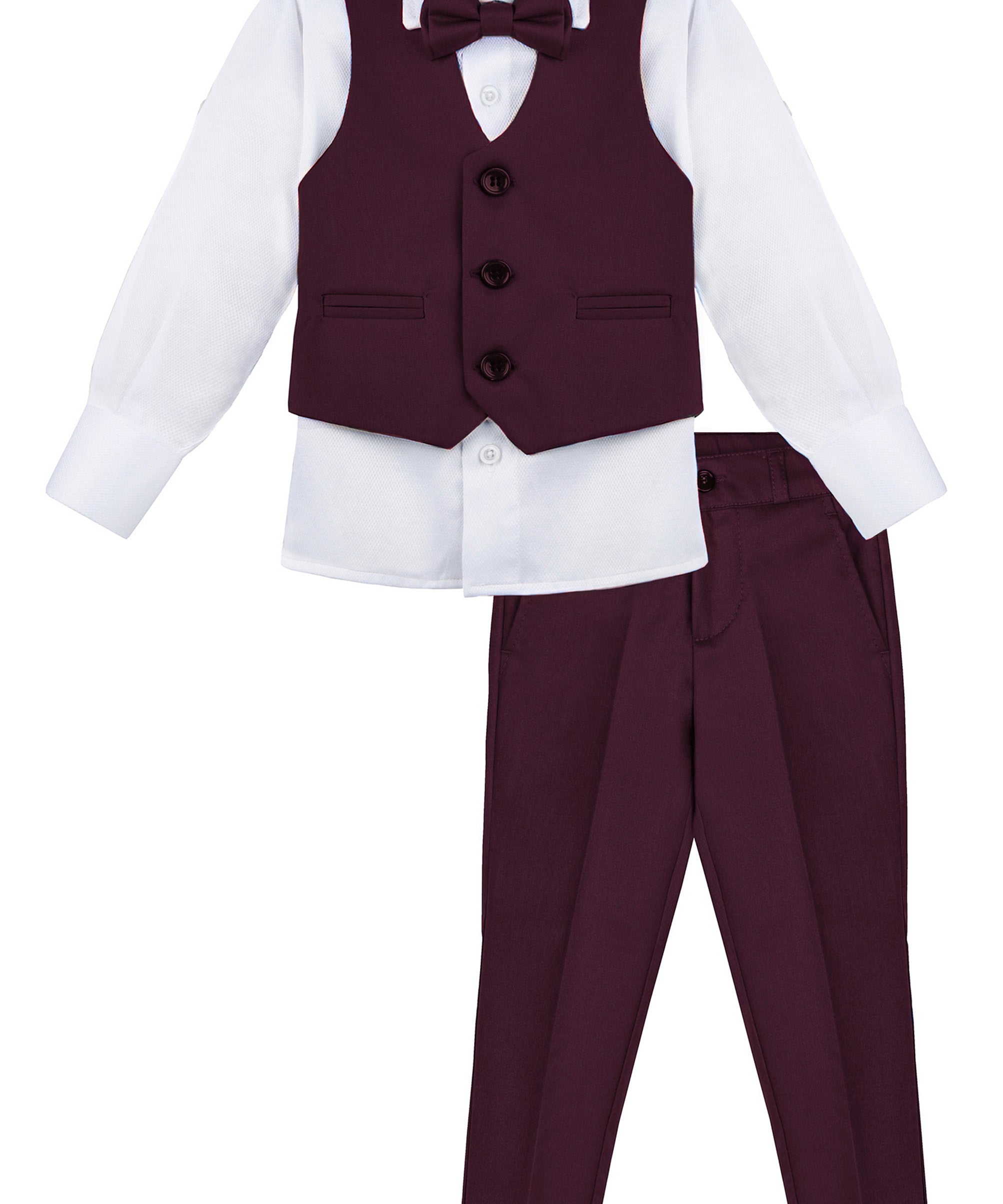 Boys 4 piece tuxedo suit with shirt, pants, vest and bow tie; perfect for baby boy clothes & christmas gift ideas  