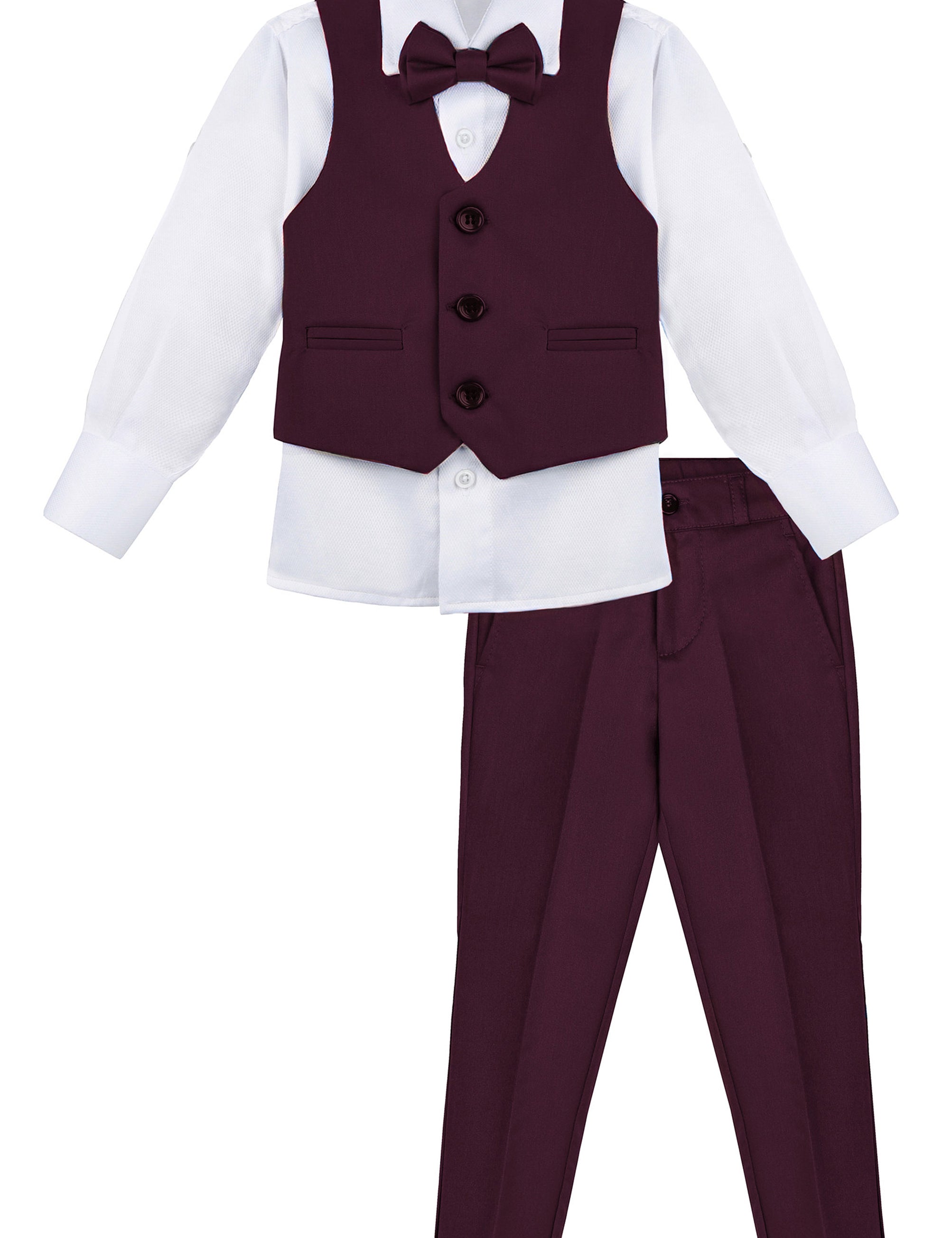 Boys 4 piece tuxedo suit with shirt, pants, vest and bow tie; perfect for baby boy clothes & christmas gift ideas  