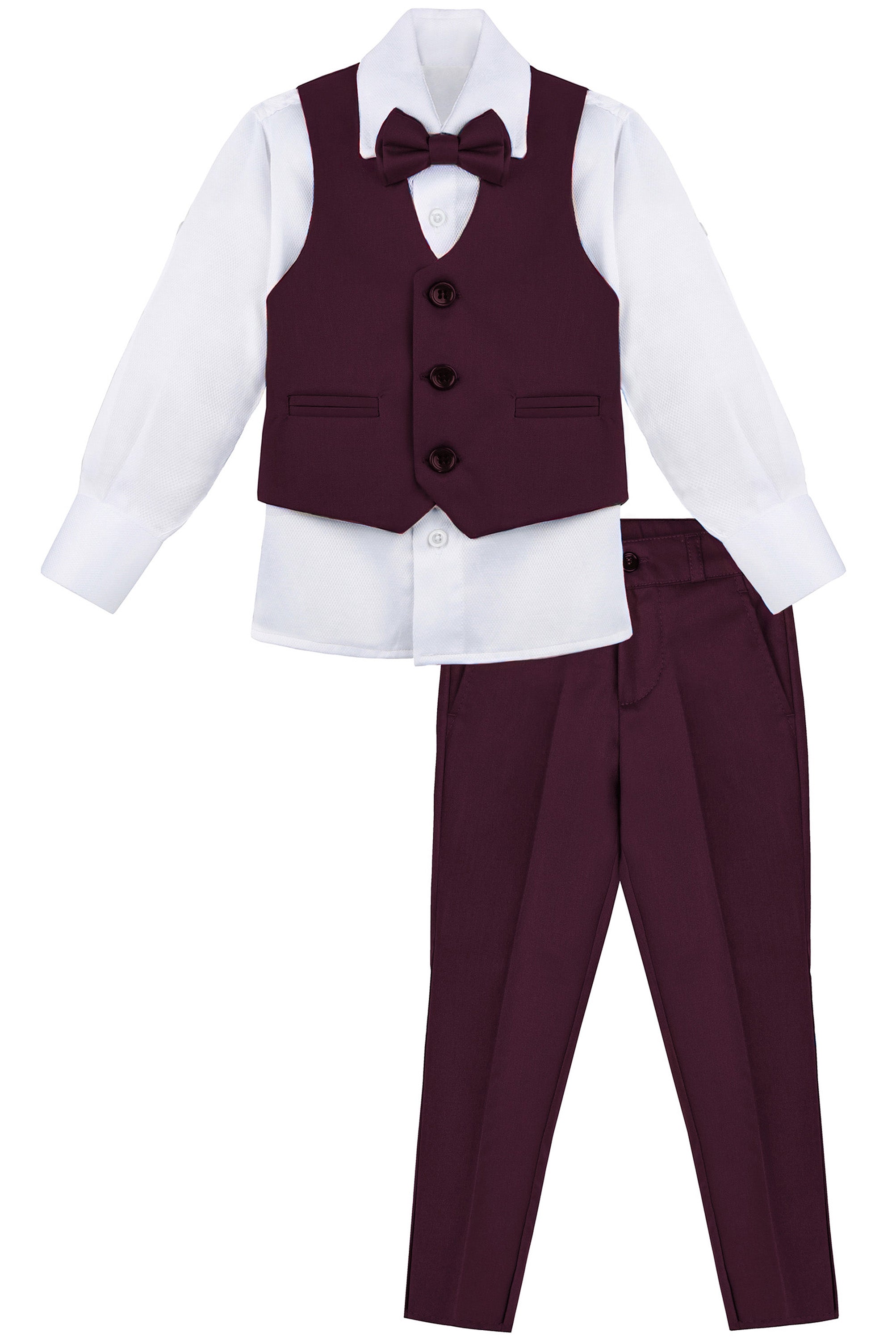 Boys 4 piece tuxedo suit with shirt, pants, vest and bow tie; perfect for baby boy clothes & christmas gift ideas  