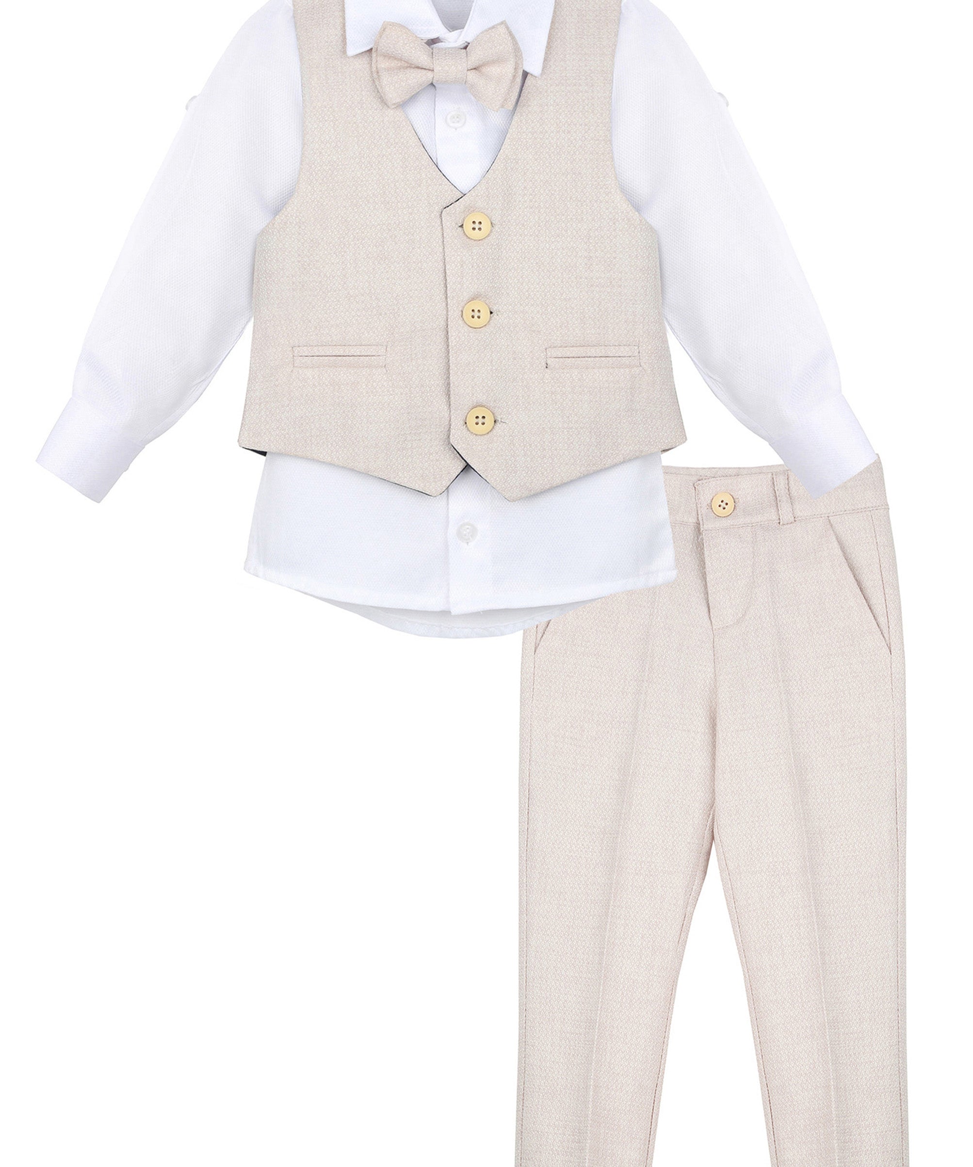 Boys 4 piece tuxedo suit with shirt, pants, vest and bow tie; perfect for baby boy clothes & christmas gift ideas  