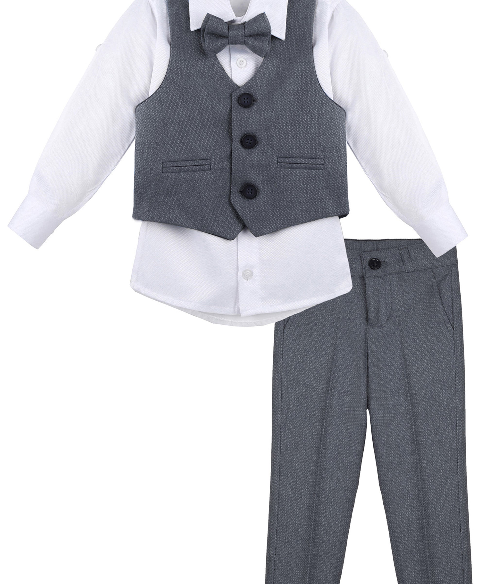 Boys 4 piece tuxedo suit with shirt, pants, vest and bow tie; perfect for baby boy clothes & christmas gift ideas  