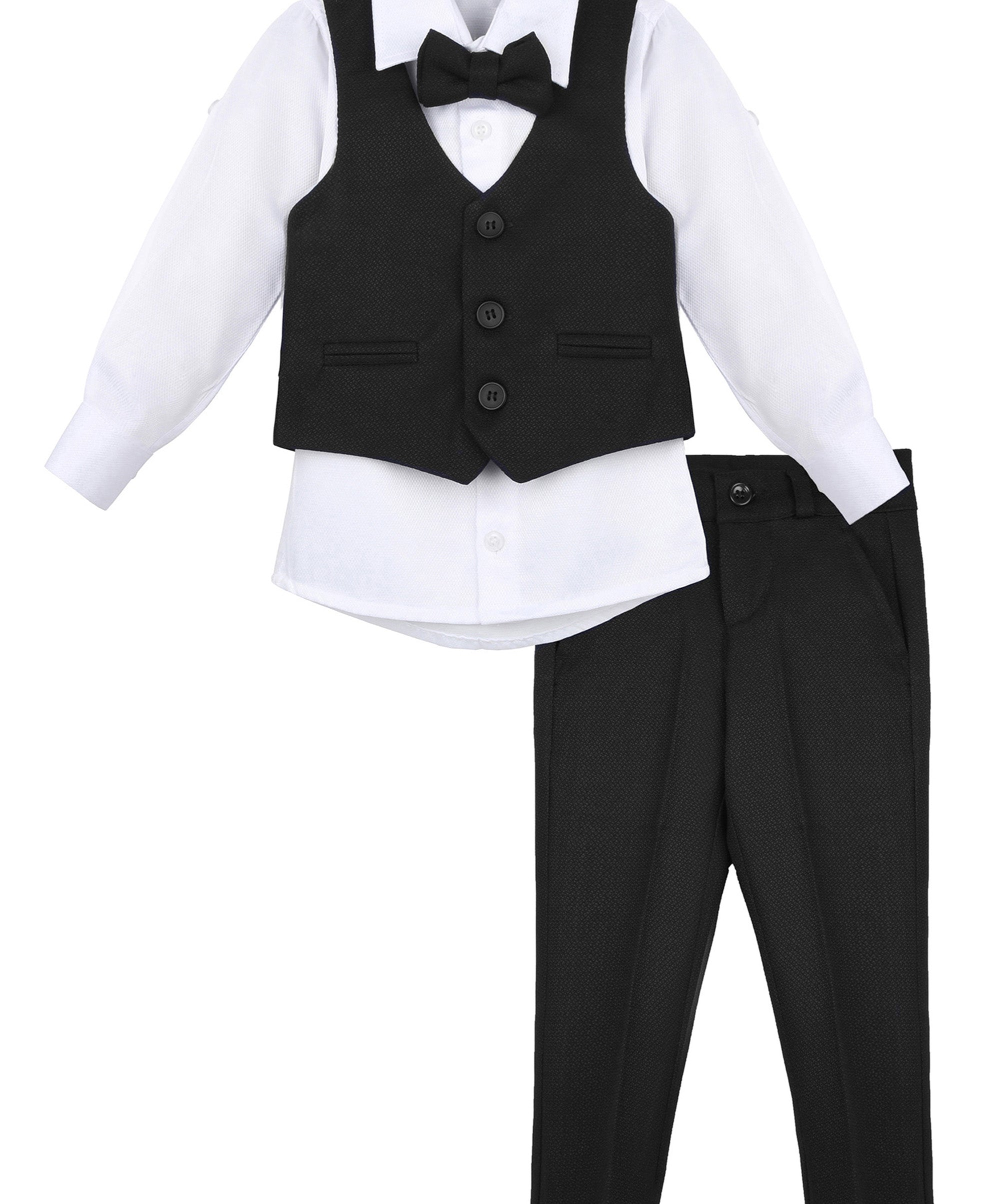 Boys 4 piece tuxedo suit with shirt, pants, vest and bow tie; perfect for baby boy clothes & christmas gift ideas  