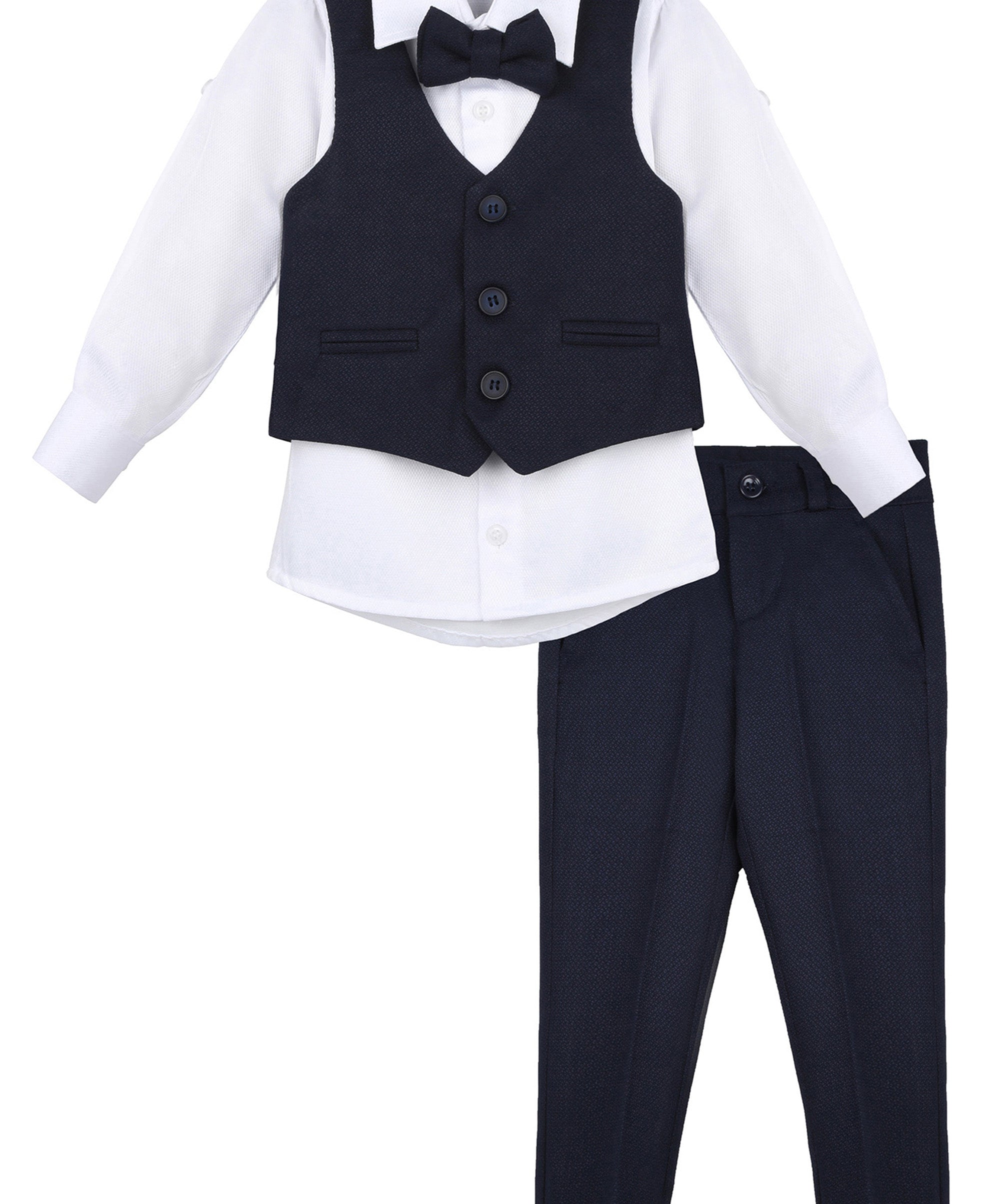 Boys 4 piece tuxedo suit with shirt, pants, vest and bow tie; perfect for baby boy clothes & christmas gift ideas  