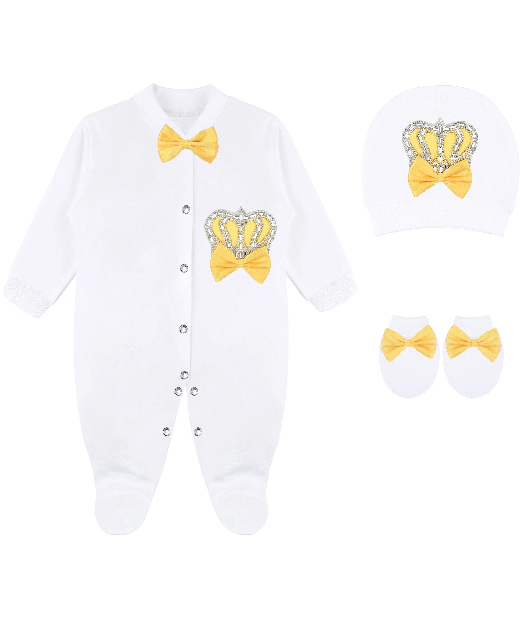 Jeweled crown newborn layette with footie, hat, mittens with bows; perfect christmas pajamas and christmas gift ideas