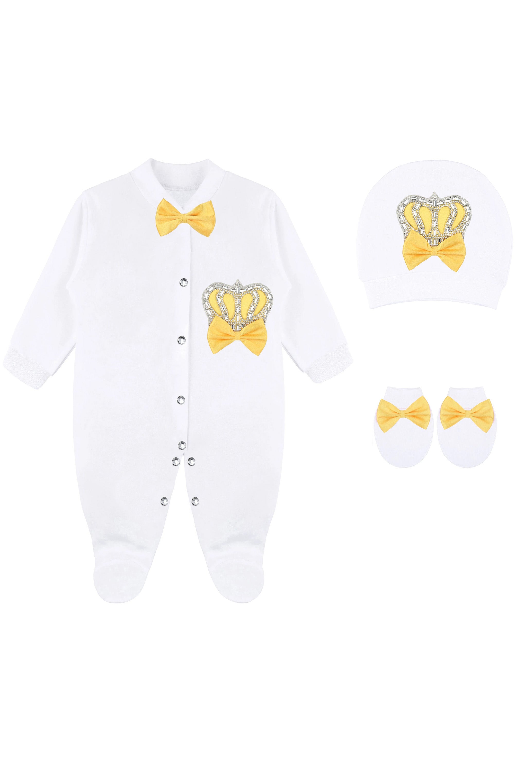 Jeweled crown newborn layette with footie, hat, mittens with bows; perfect christmas pajamas and christmas gift ideas