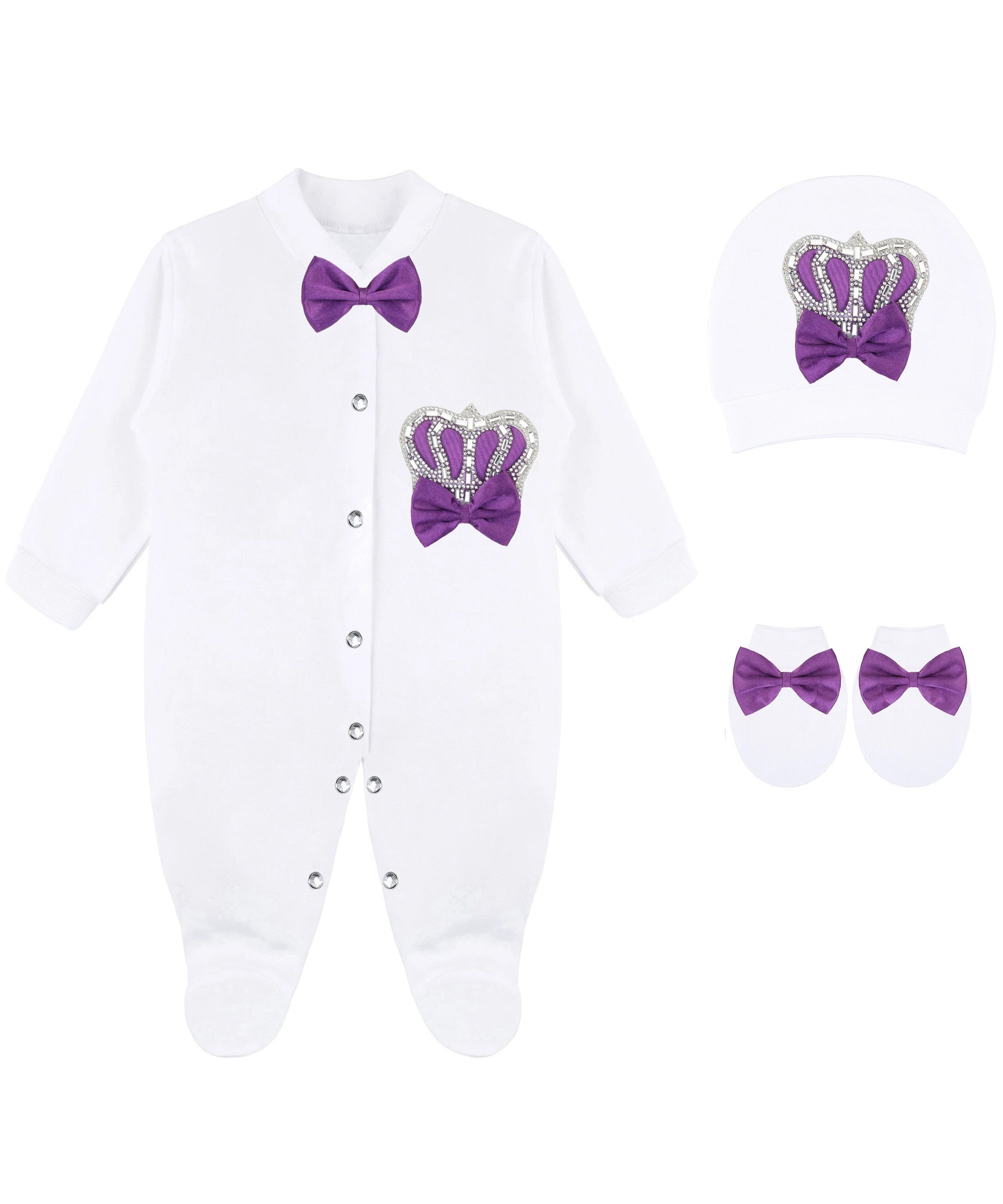 Jeweled crown newborn layette with footie, hat, mittens with bows; perfect christmas pajamas and christmas gift ideas