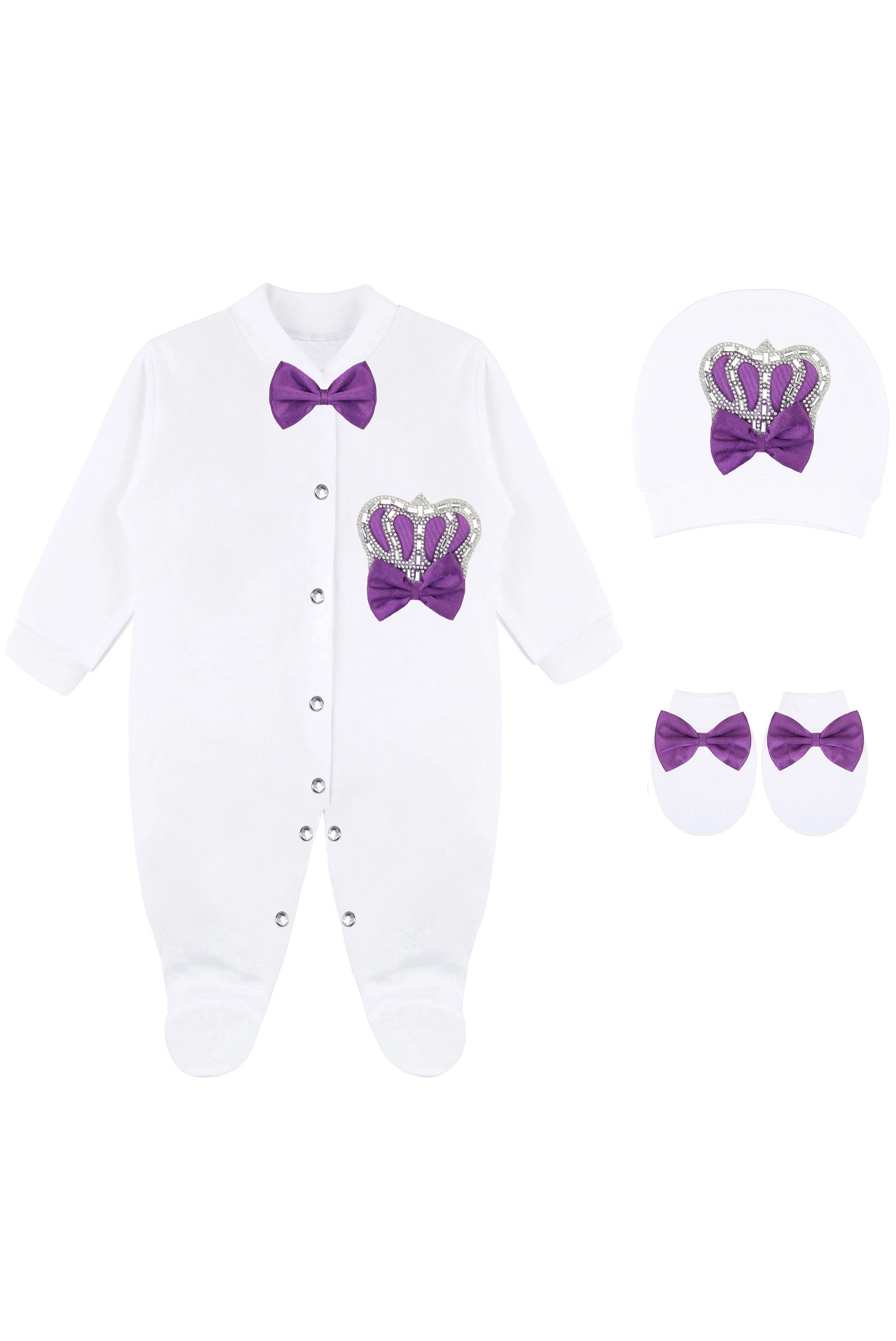 Jeweled crown newborn layette with footie, hat, mittens with bows; perfect christmas pajamas and christmas gift ideas