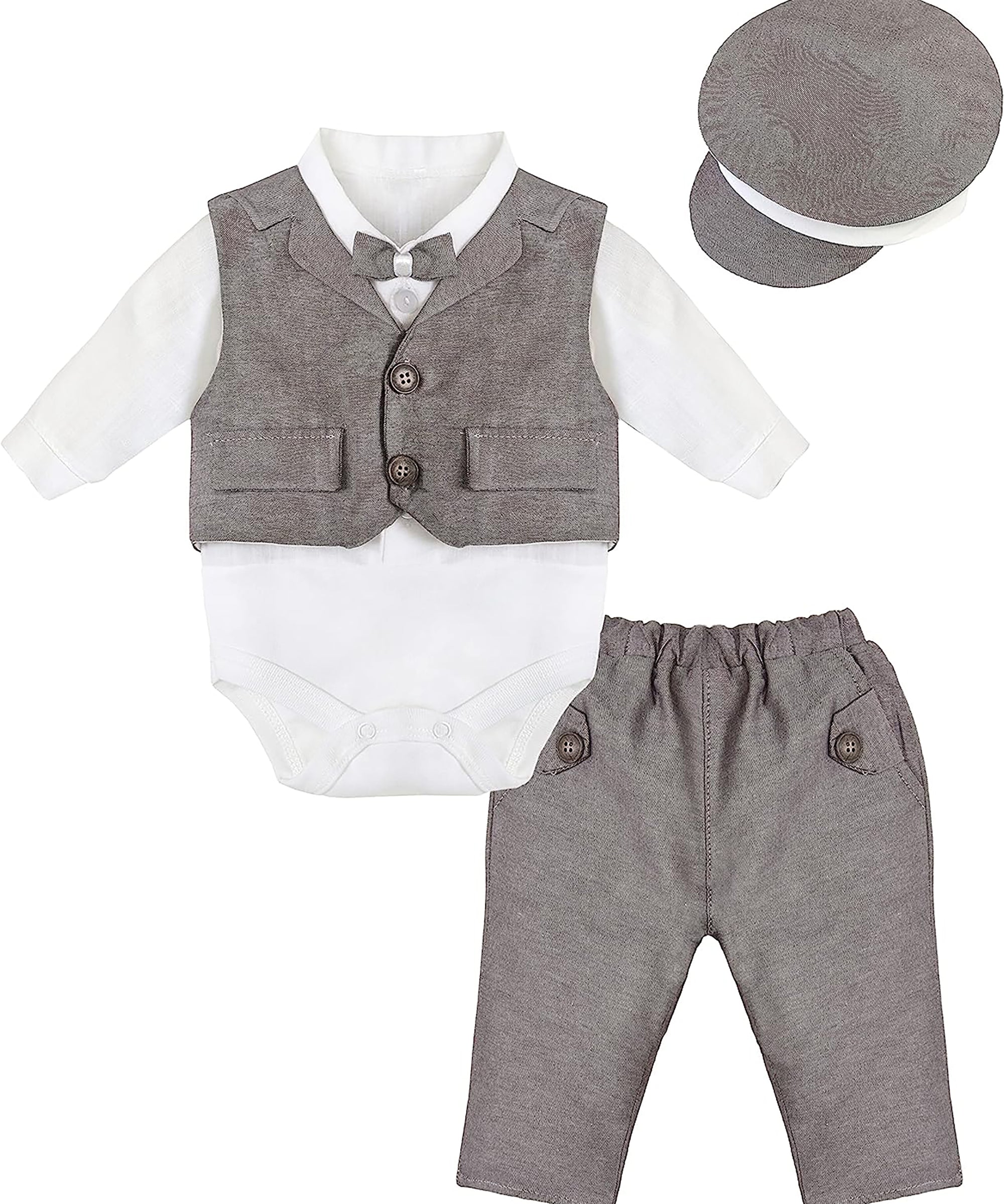 Baby boy cotton tuxedo suit bodysuit with matching hat & pants; perfect for baby boy clothes & christmas gift ideas