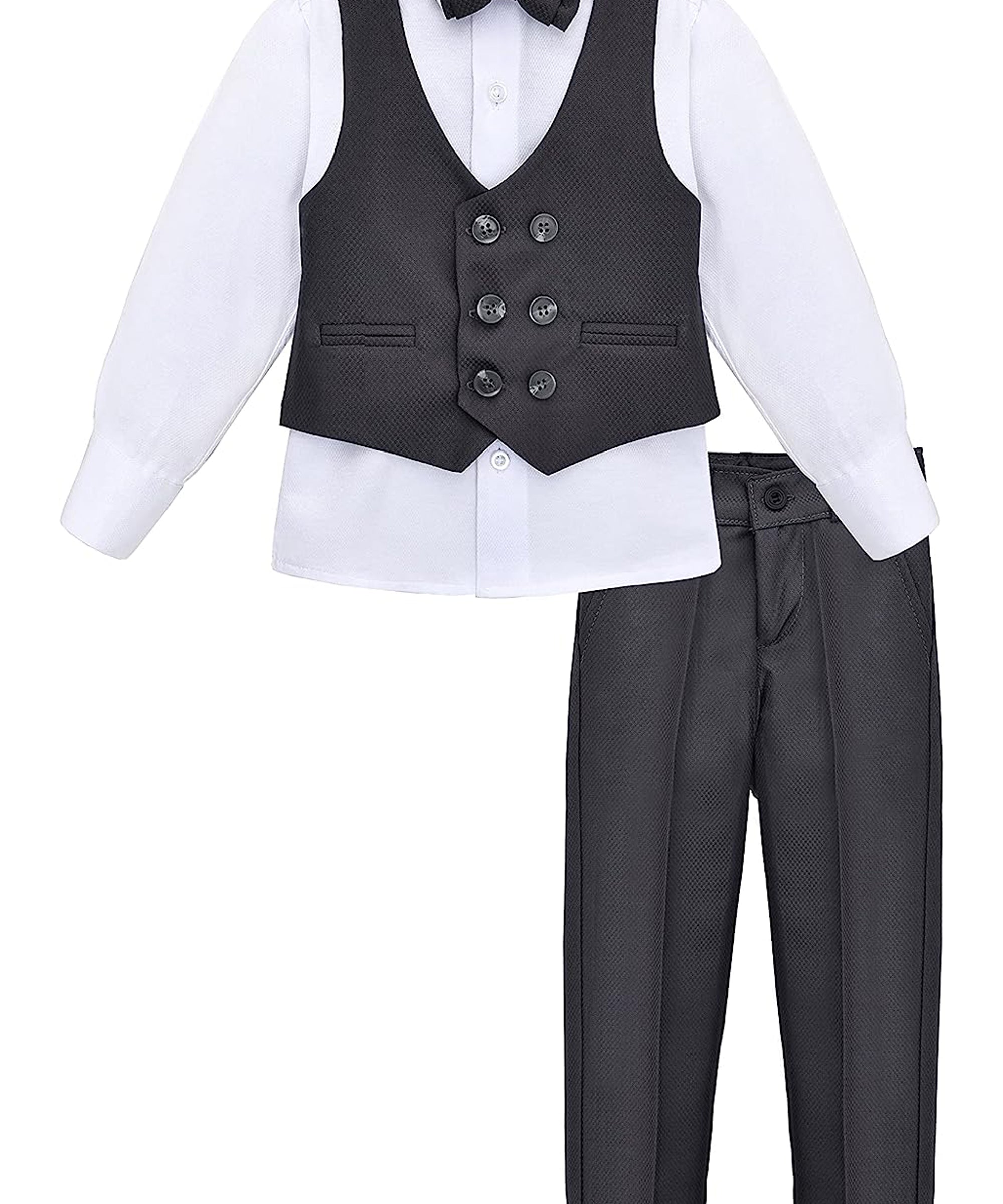 Boys 4 piece tuxedo suit with shirt, pants, vest and bow tie; perfect for baby boy clothes & christmas gift ideas  