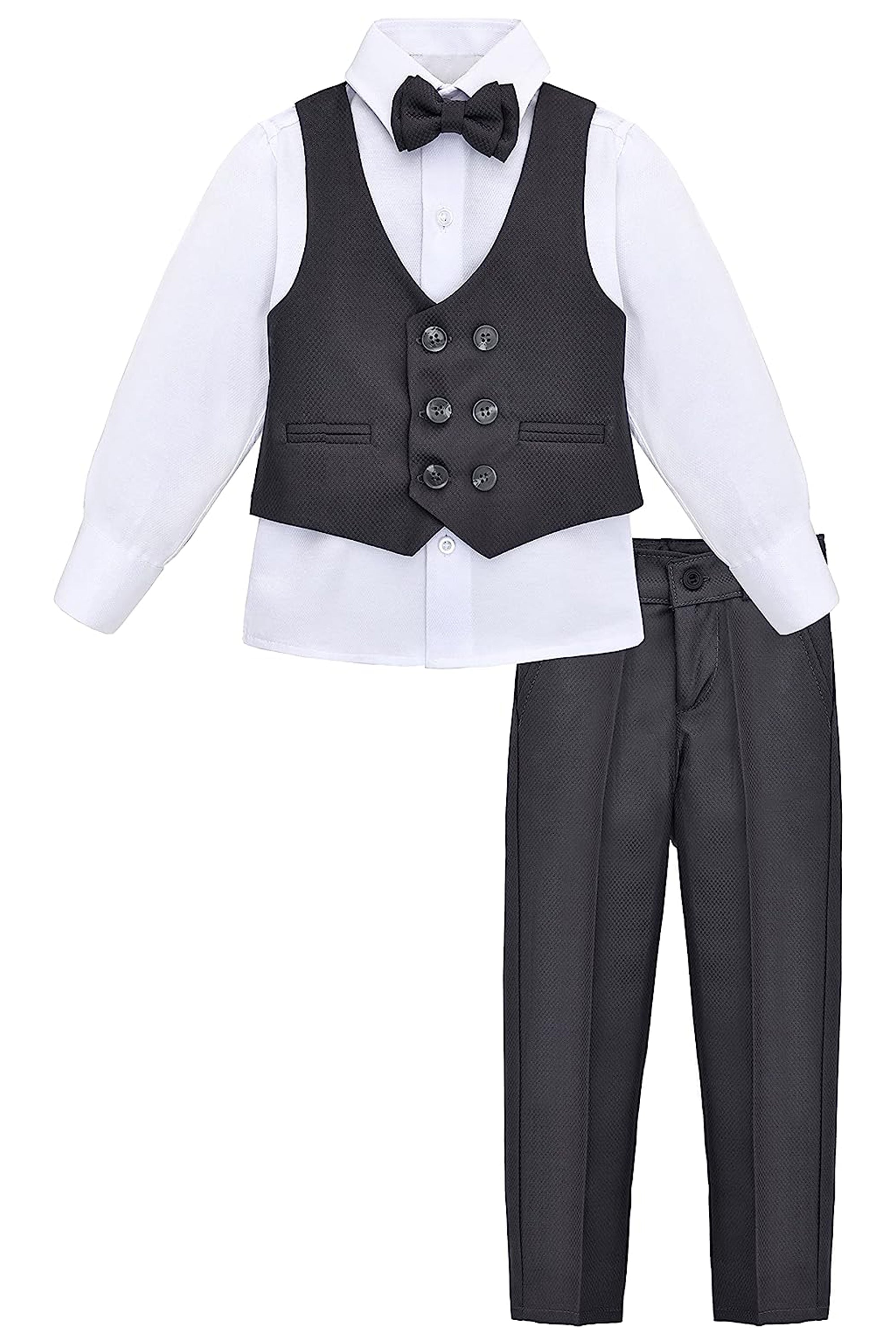 Boys 4 piece tuxedo suit with shirt, pants, vest and bow tie; perfect for baby boy clothes & christmas gift ideas  