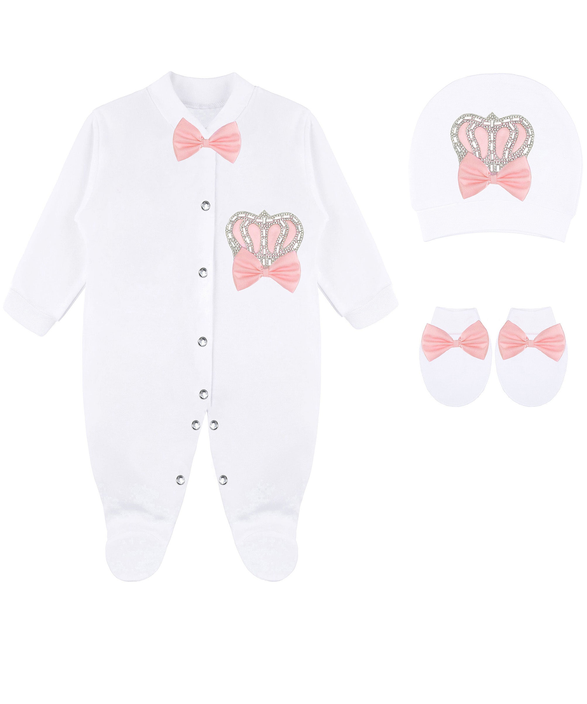 Jeweled crown newborn layette with footie, hat, mittens with bows; perfect christmas pajamas and christmas gift ideas