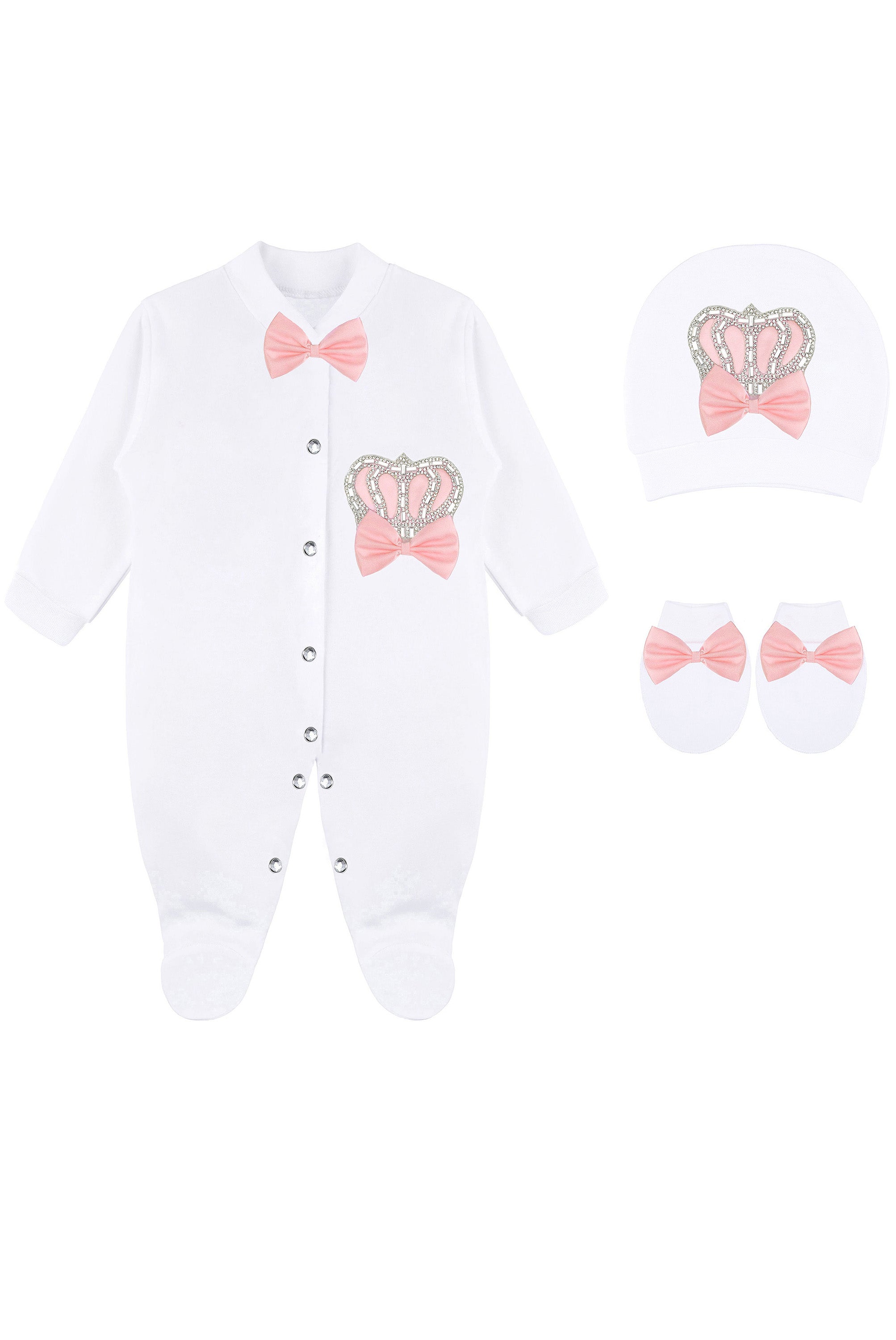 Jeweled crown newborn layette with footie, hat, mittens with bows; perfect christmas pajamas and christmas gift ideas