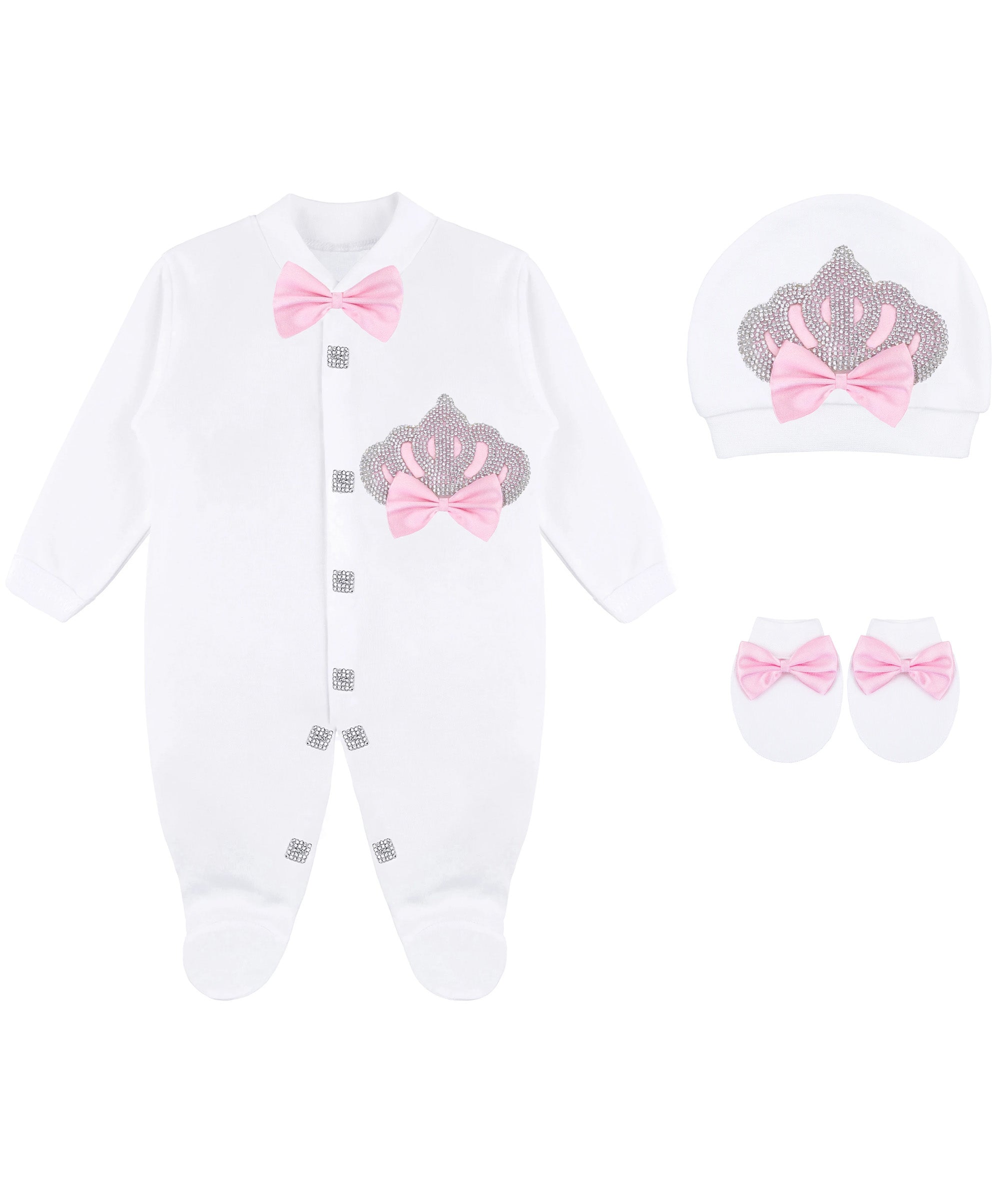 Jeweled crown newborn layette with footie, hat, mittens with bows; perfect christmas pajamas and christmas gift ideas