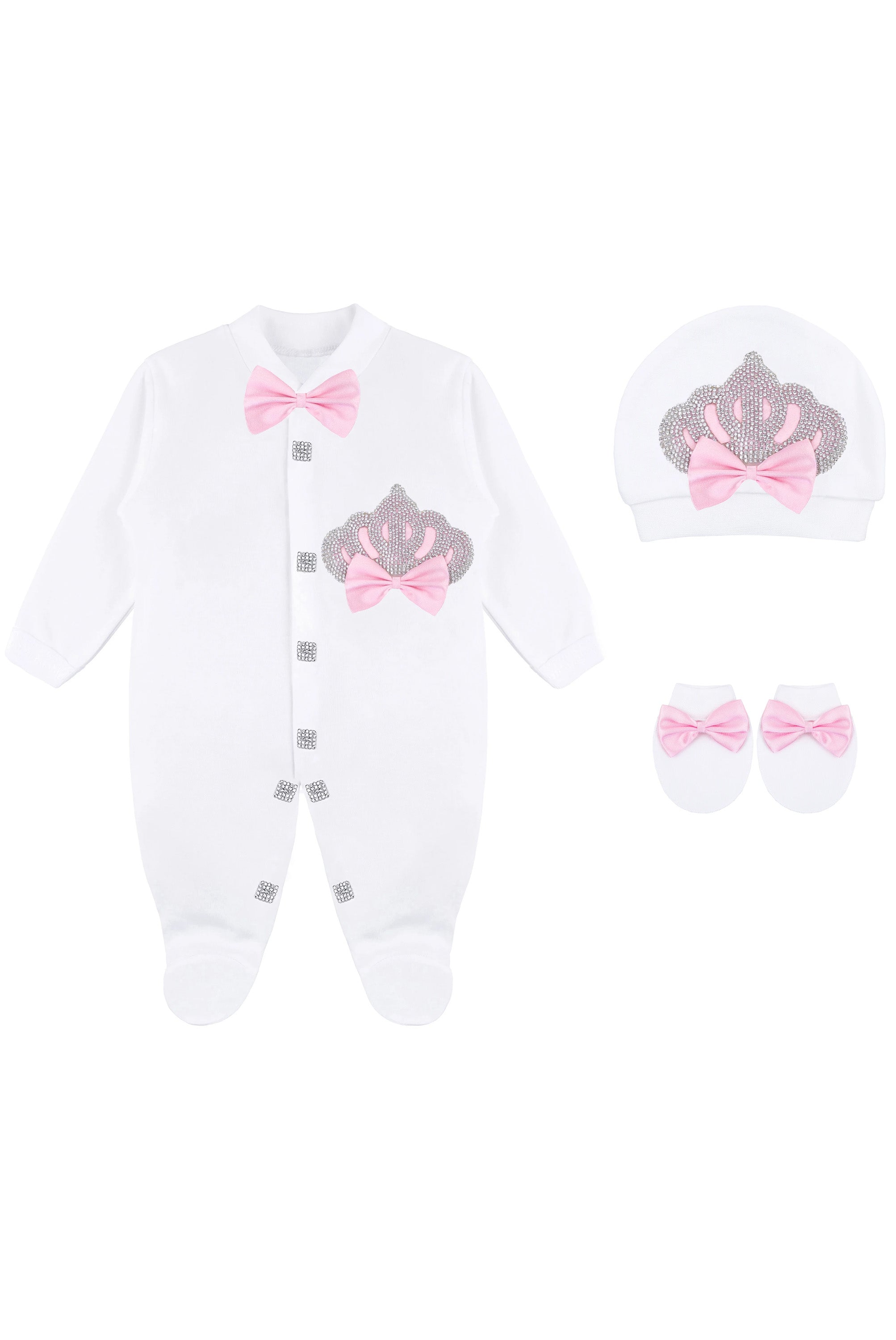 Jeweled crown newborn layette with footie, hat, mittens with bows; perfect christmas pajamas and christmas gift ideas