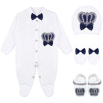 Jeweled crown newborn layette with footie, hat, mittens with bows; perfect christmas pajamas and christmas gift ideas