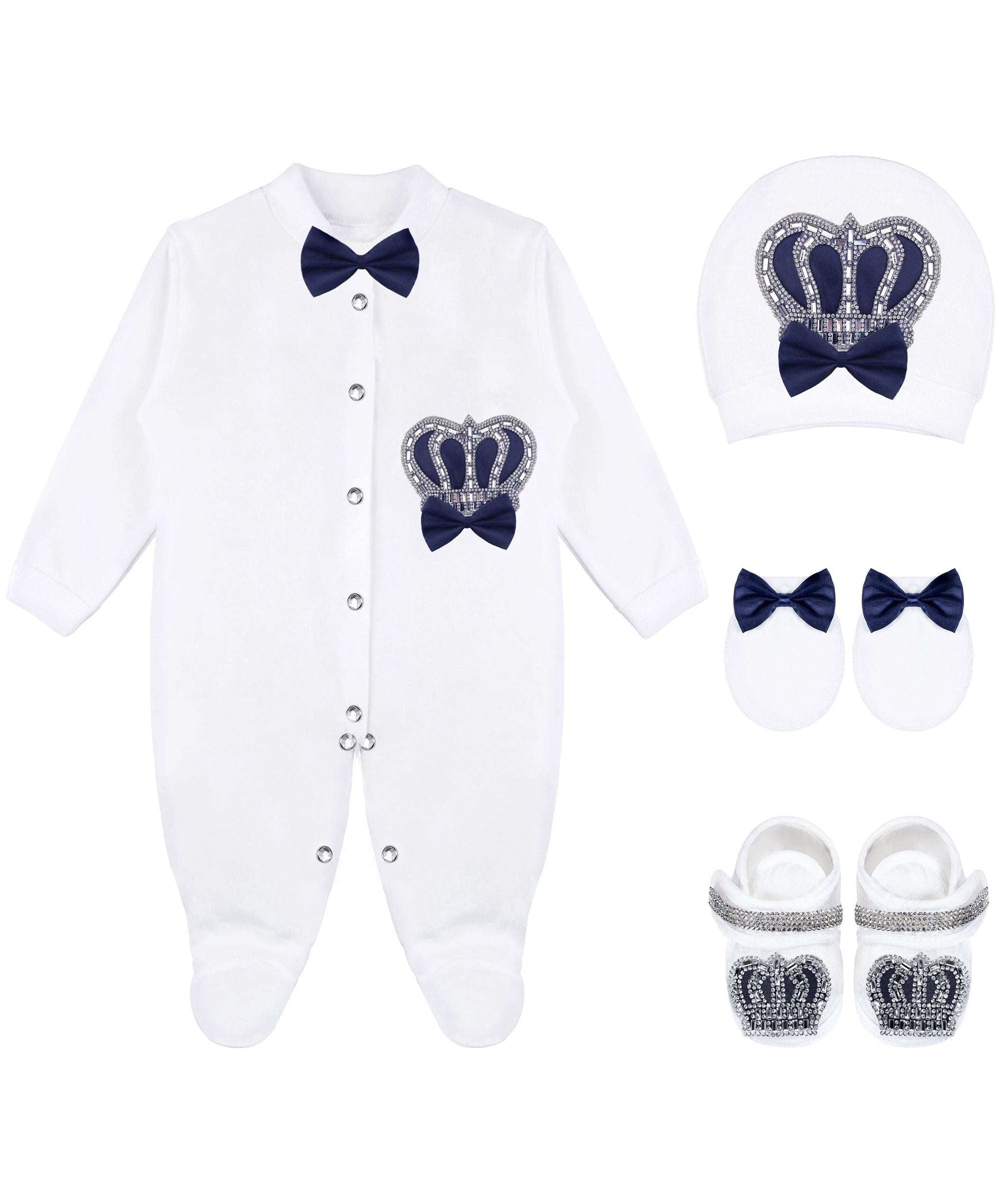 Jeweled crown newborn layette with footie, hat, mittens with bows; perfect christmas pajamas and christmas gift ideas