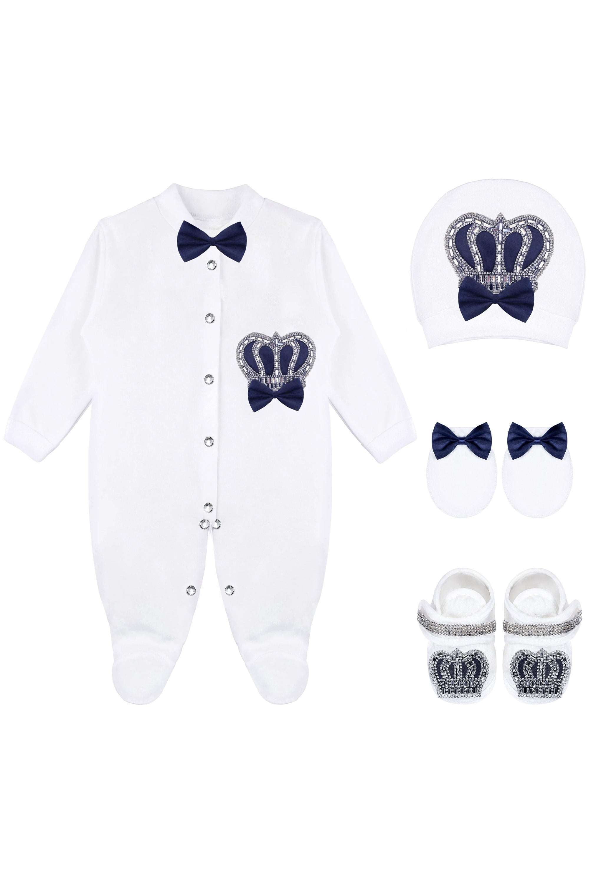 Jeweled crown newborn layette with footie, hat, mittens with bows; perfect christmas pajamas and christmas gift ideas