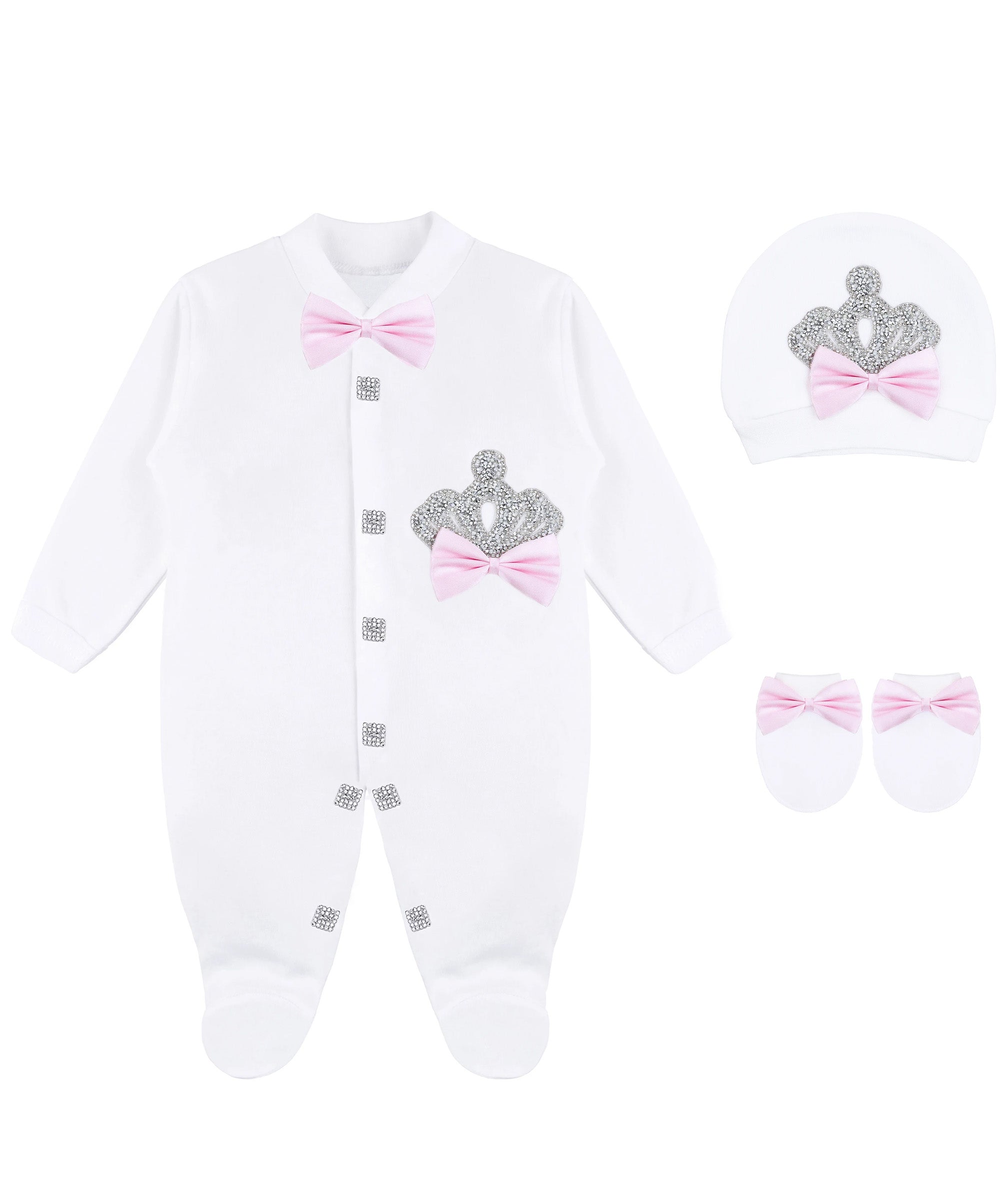 Jeweled crown newborn layette with footie, hat, mittens with bows; perfect christmas pajamas and christmas gift ideas