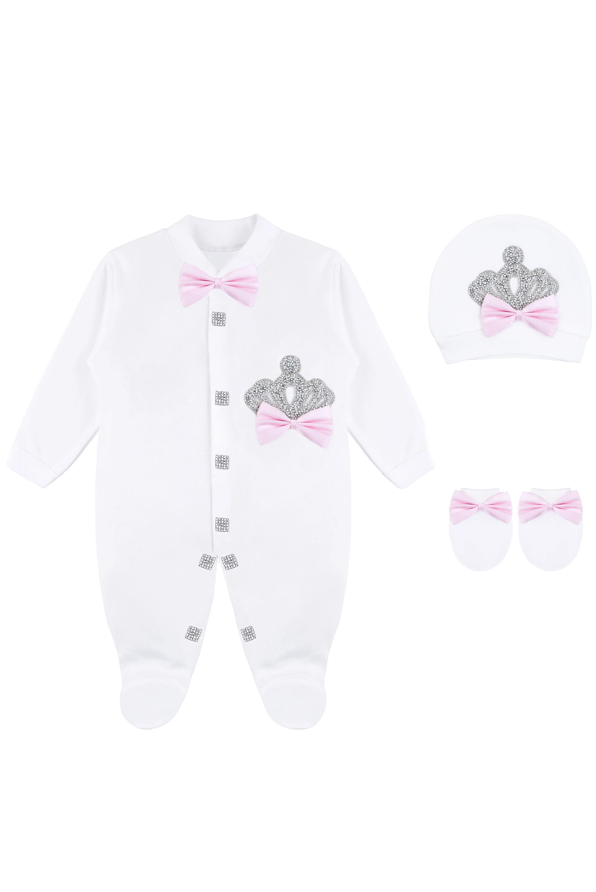 Jeweled crown newborn layette with footie, hat, mittens with bows; perfect christmas pajamas and christmas gift ideas