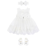 Newborn baby girl dress with lace flower details and  matching headband & shoes; for christening, baptism & Christmas gift ideas 