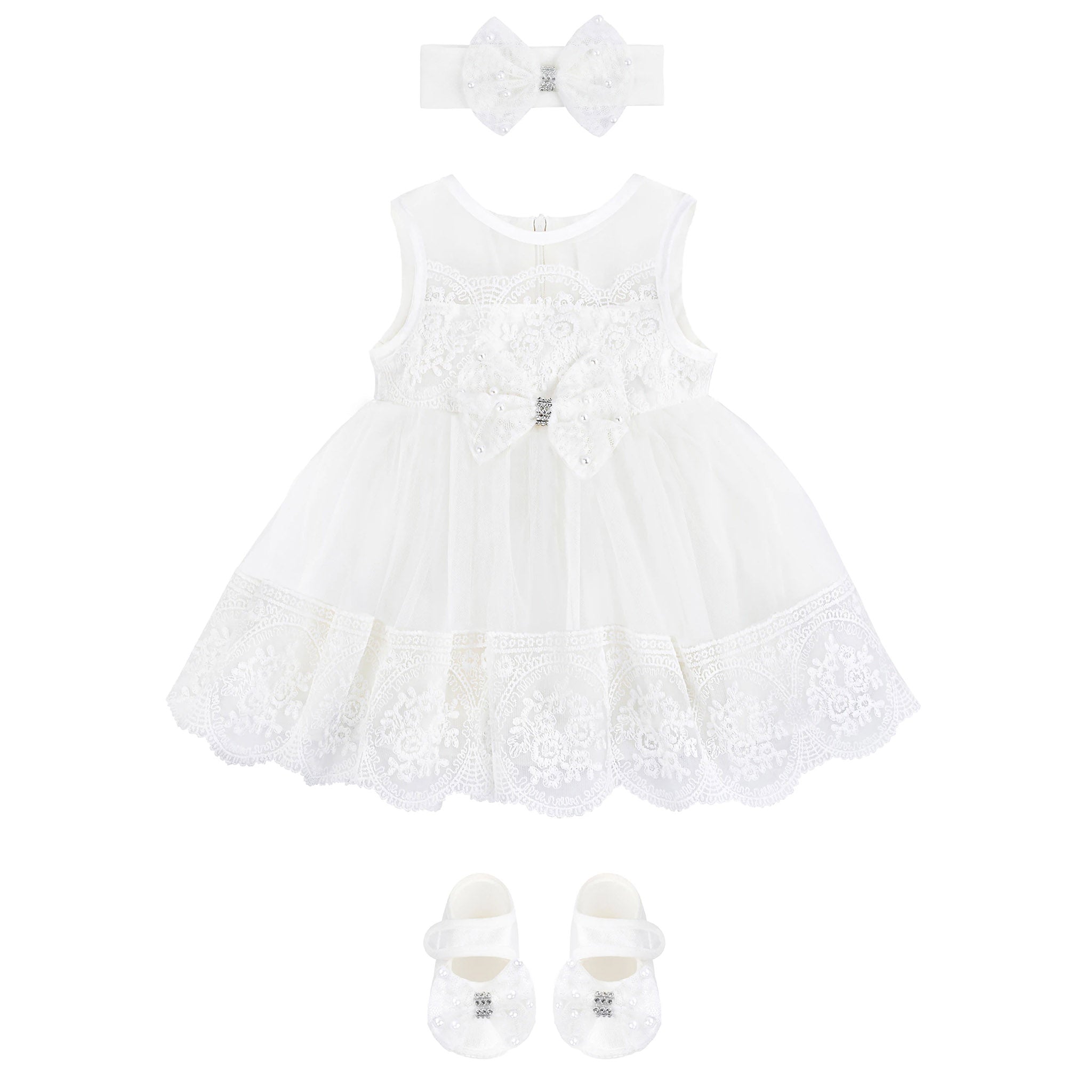 Newborn baby girl dress with lace flower details and  matching headband & shoes; for christening, baptism & Christmas gift ideas 