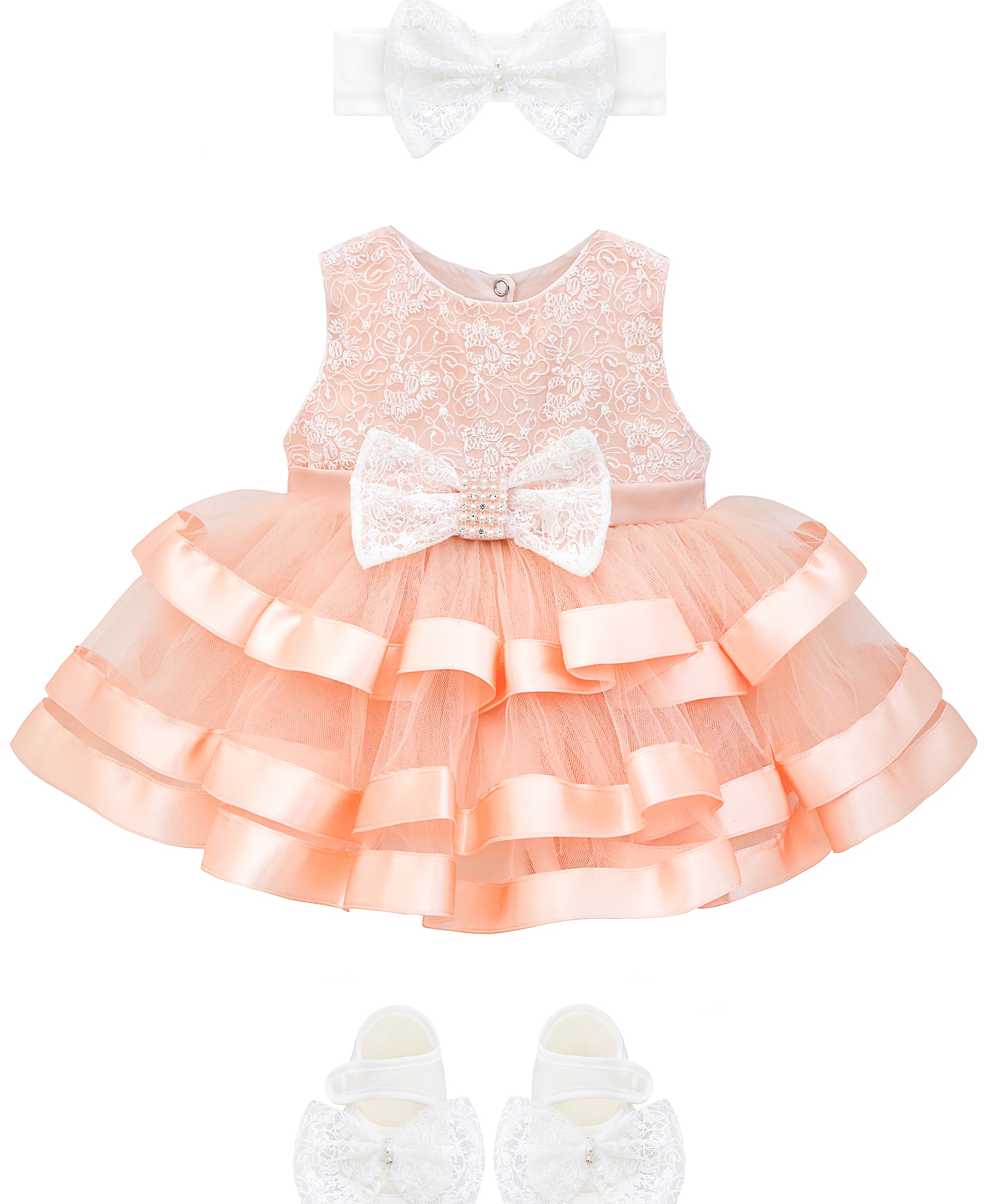 Baby girls lace detailed dress with layered tulle skirt and bow attached satin belt; perfect for baby girl clothes & christmas gift ideas  