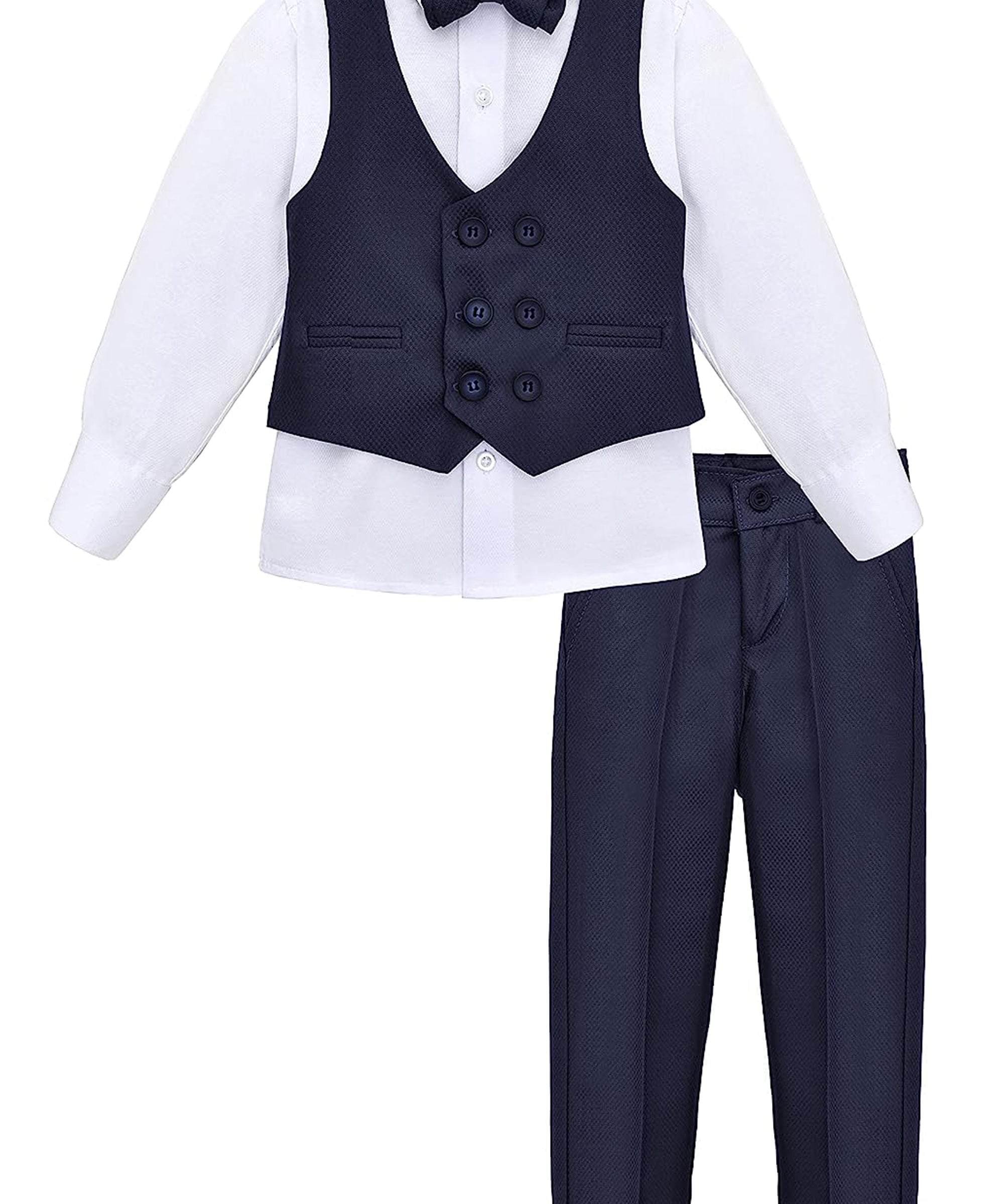 Boys 4 piece tuxedo suit with shirt, pants, vest and bow tie; perfect for baby boy clothes & christmas gift ideas  