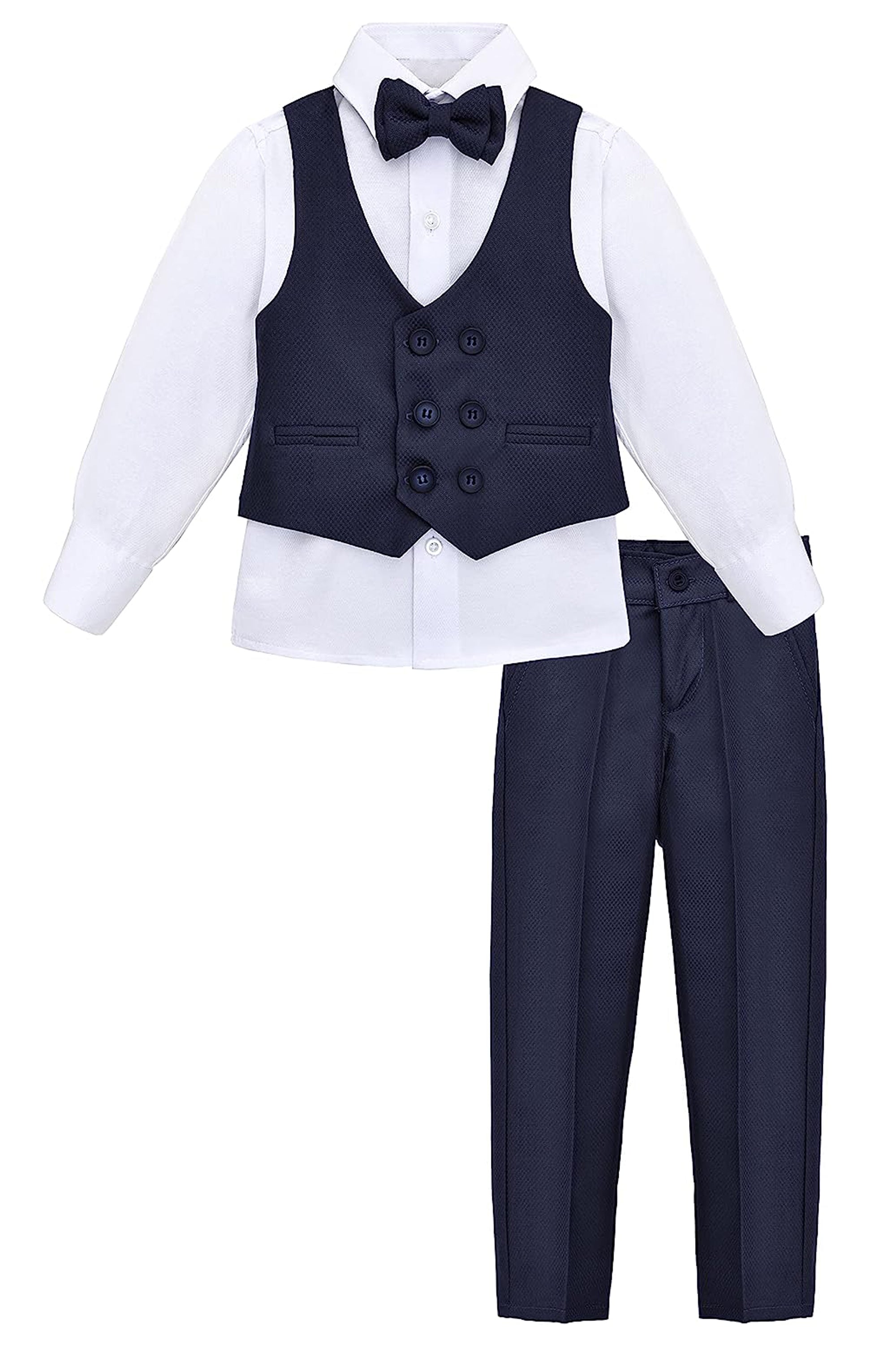 Boys 4 piece tuxedo suit with shirt, pants, vest and bow tie; perfect for baby boy clothes & christmas gift ideas  