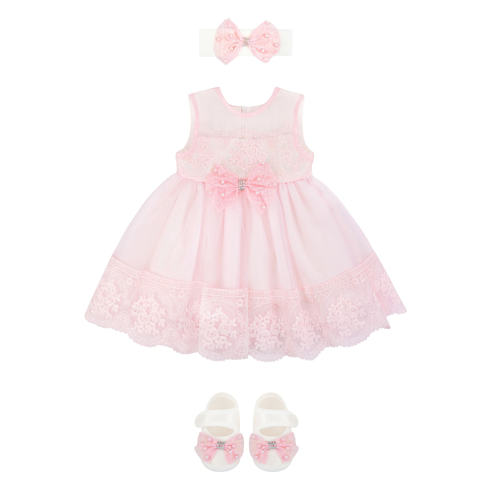 Newborn baby girl dress with lace flower details and  matching headband & shoes; for christening, baptism & Christmas gift ideas 