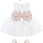 Baby girl tulle dress with flowers at waistline and matching shoes & headband; perfect for christmas gift ideas