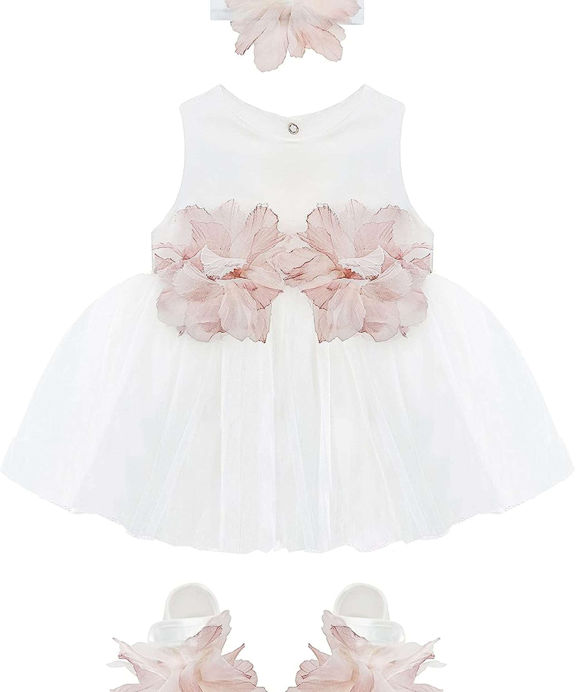 Baby girl tulle dress with flowers at waistline and matching shoes & headband; perfect for christmas gift ideas