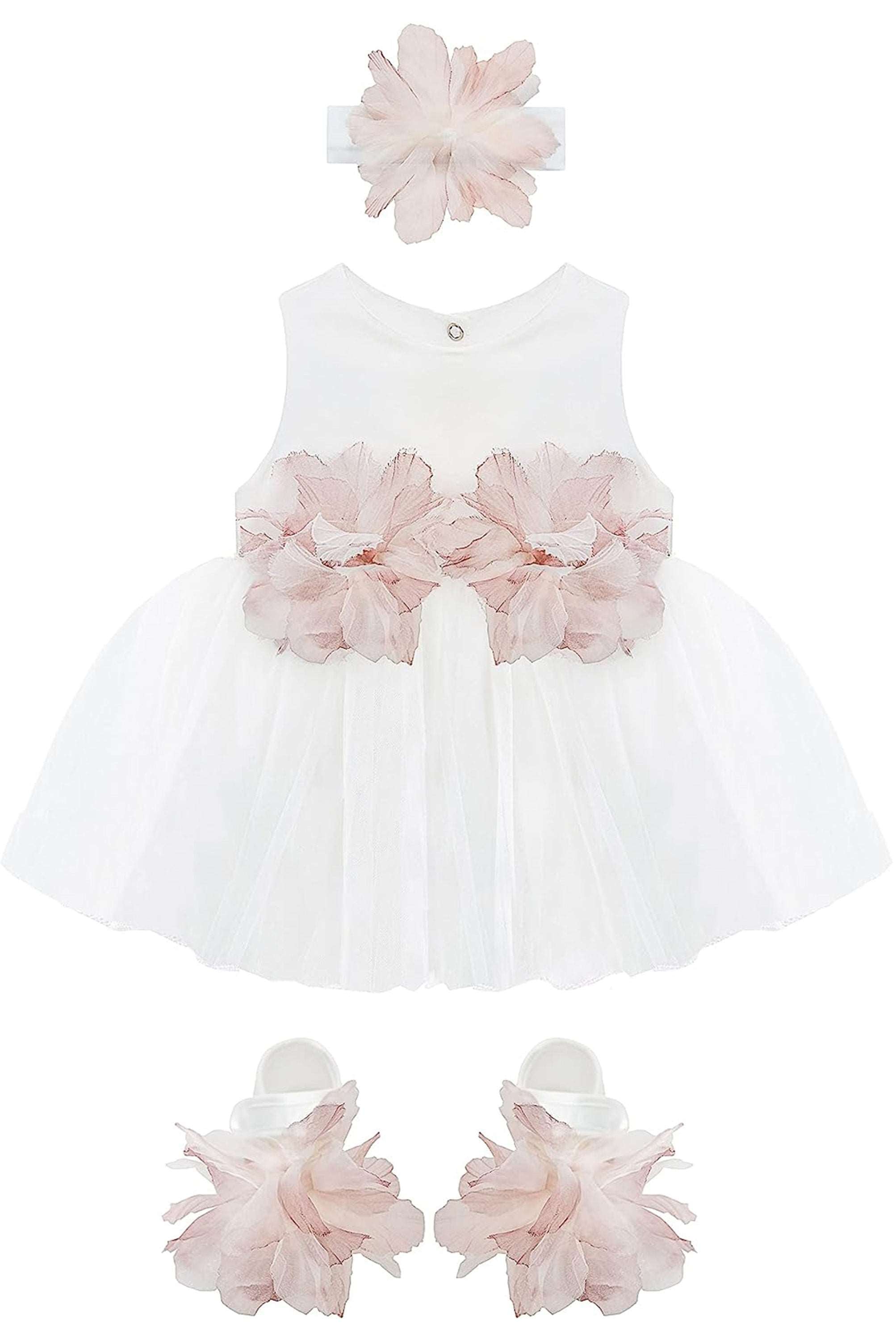 Baby girl tulle dress with flowers at waistline and matching shoes & headband; perfect for christmas gift ideas