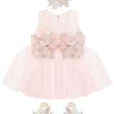 Baby girl tulle dress with flowers at waistline and matching shoes & headband; perfect for christmas gift ideas