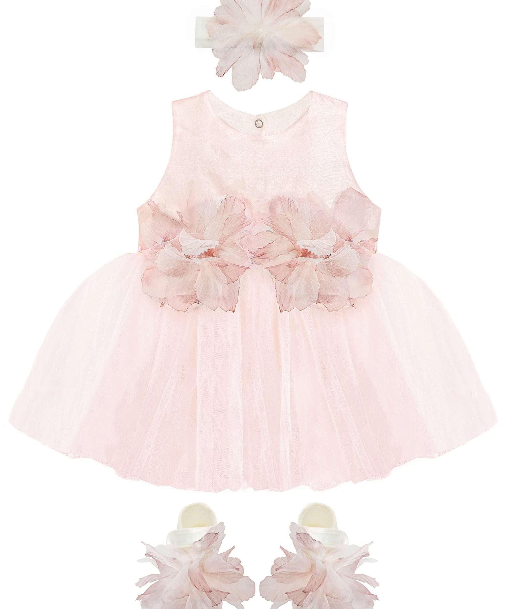 Baby girl tulle dress with flowers at waistline and matching shoes & headband; perfect for christmas gift ideas