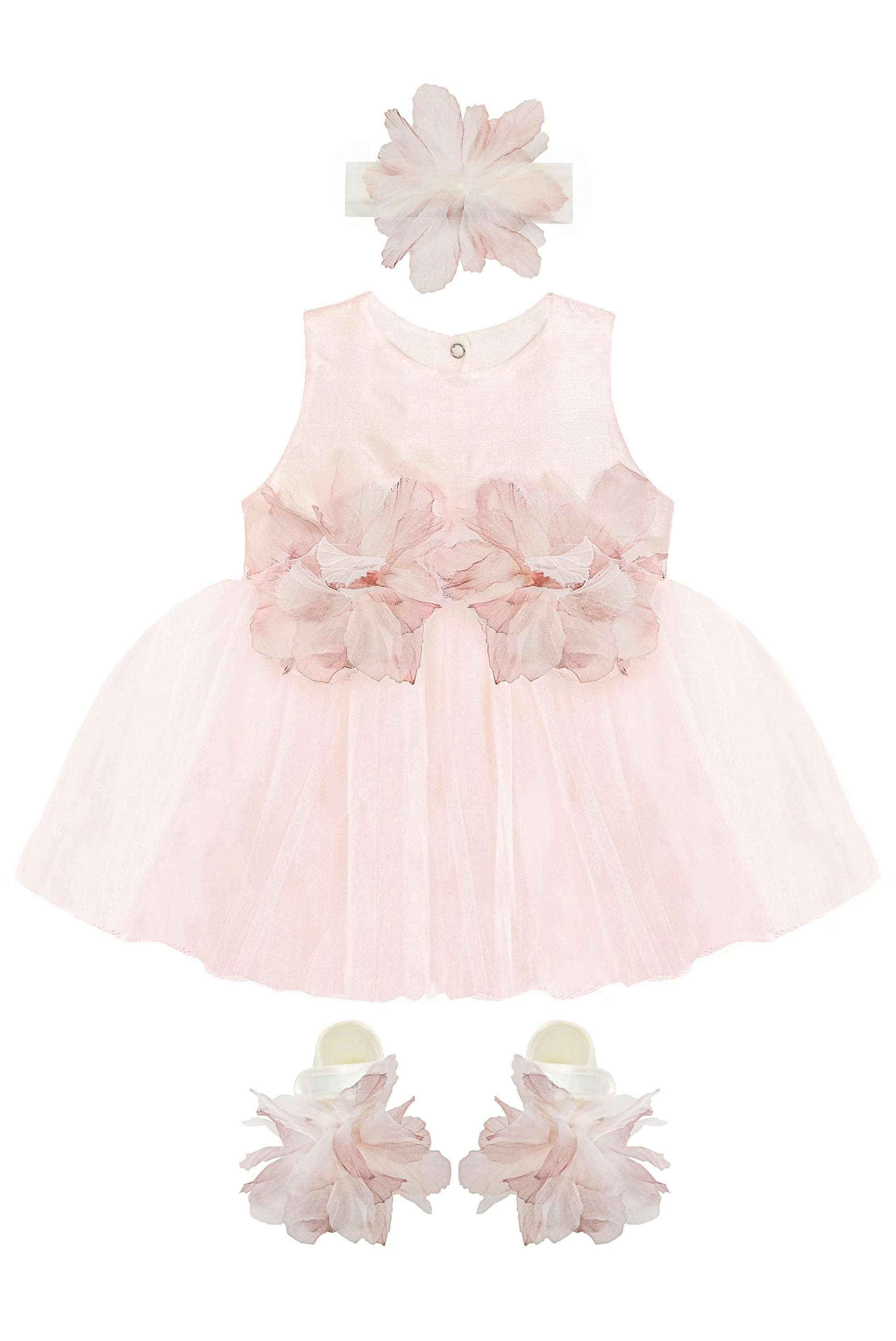 Baby girl tulle dress with flowers at waistline and matching shoes & headband; perfect for christmas gift ideas