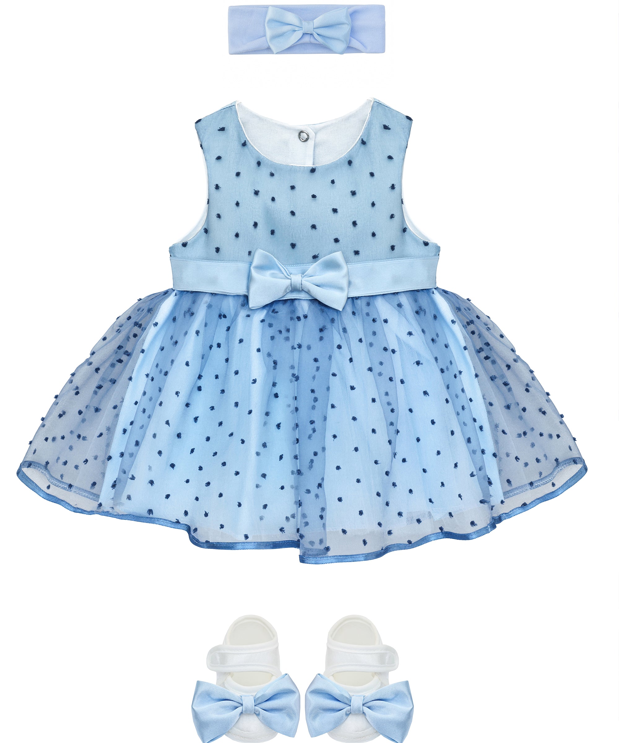 Baby girl tulle polka dot sleeveless dress with satin belt and matching shoes & headband; perfect for christmas gift ideas 