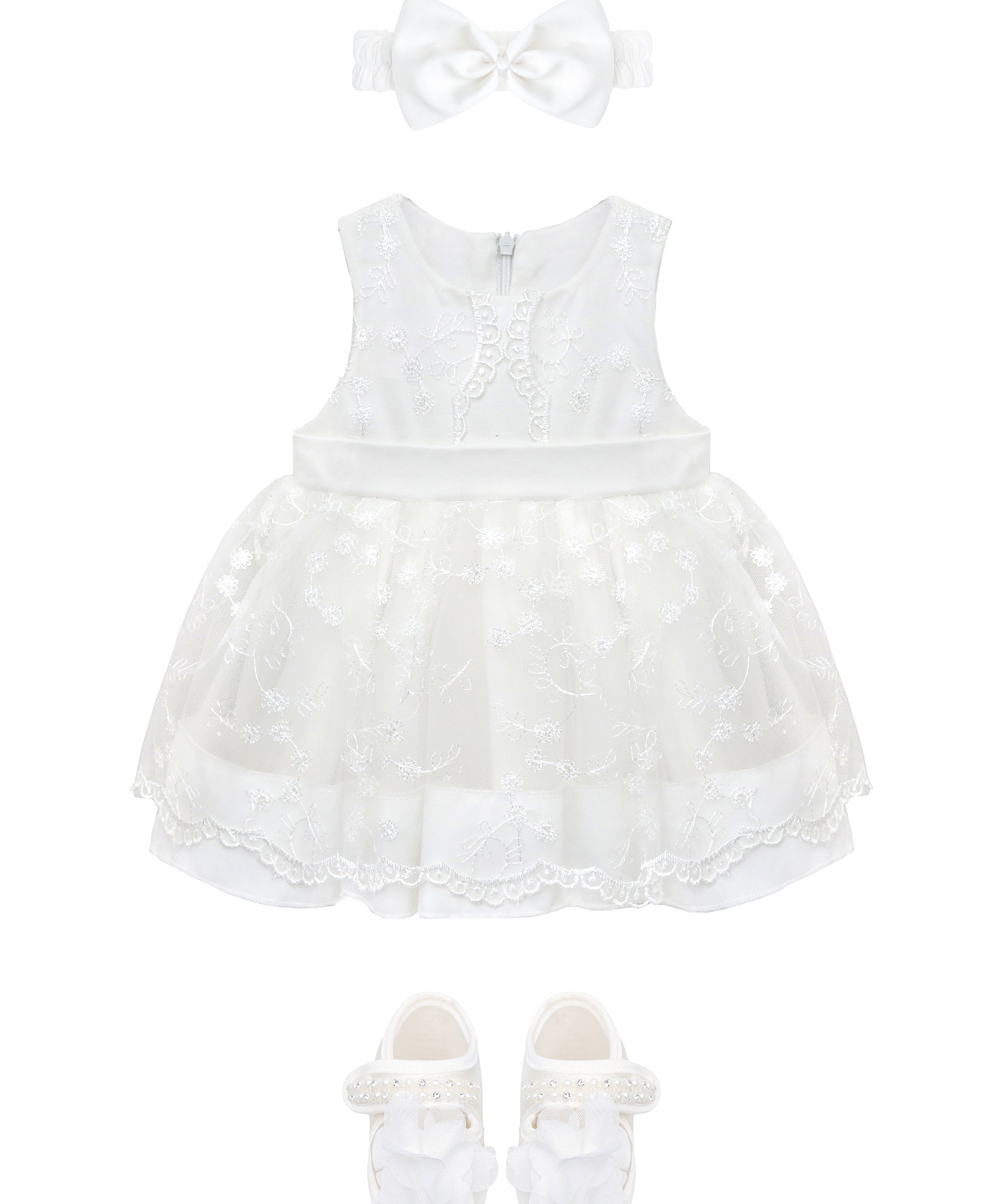 Newborn baby girls dress with lace flower pattern and satin belt; for christening, baptism & Christmas gift ideas 