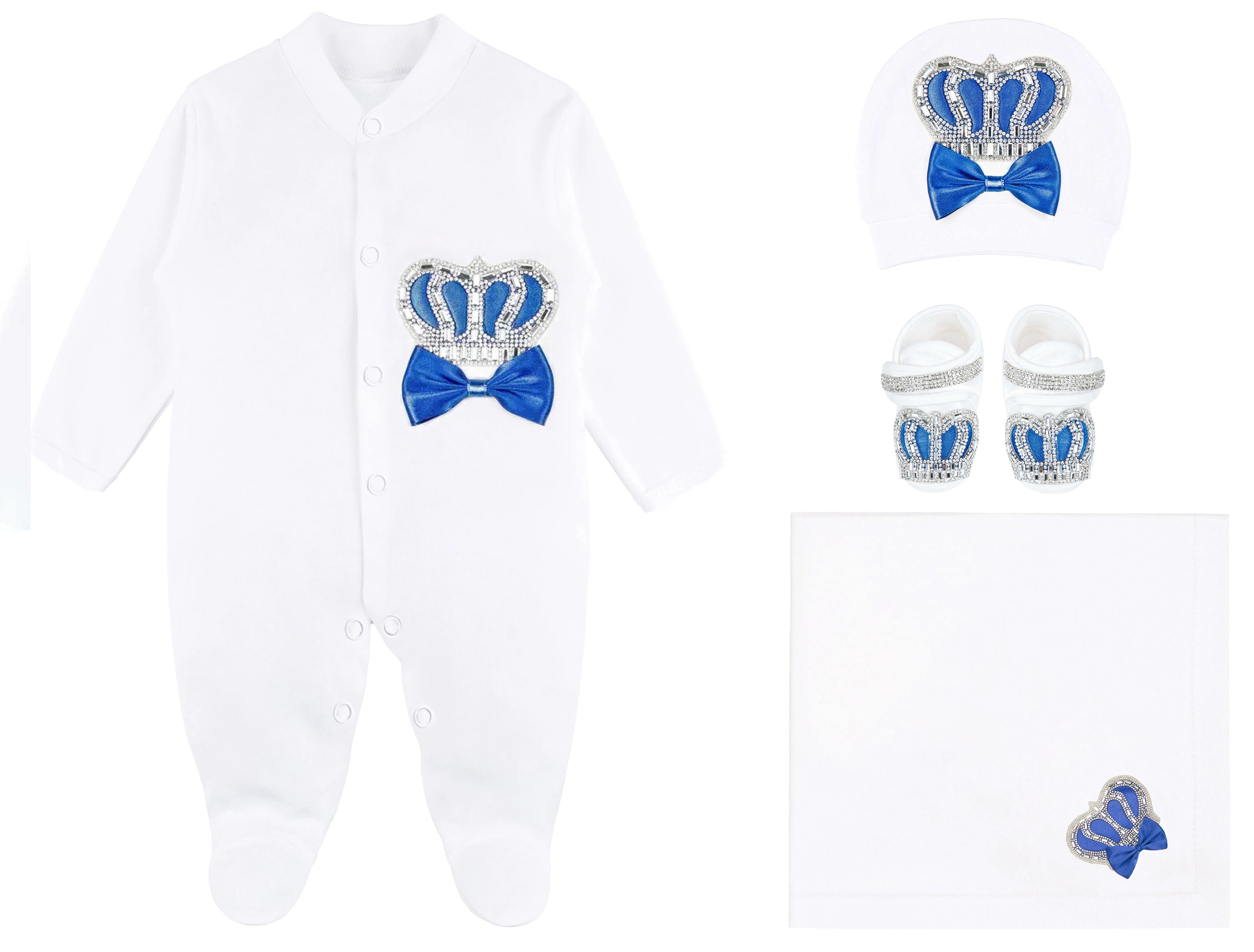 Jeweled crown layette with footie, hat, mittens with bows; perfect Christmas pajamas, baby essentials, Christmas gift ideas 