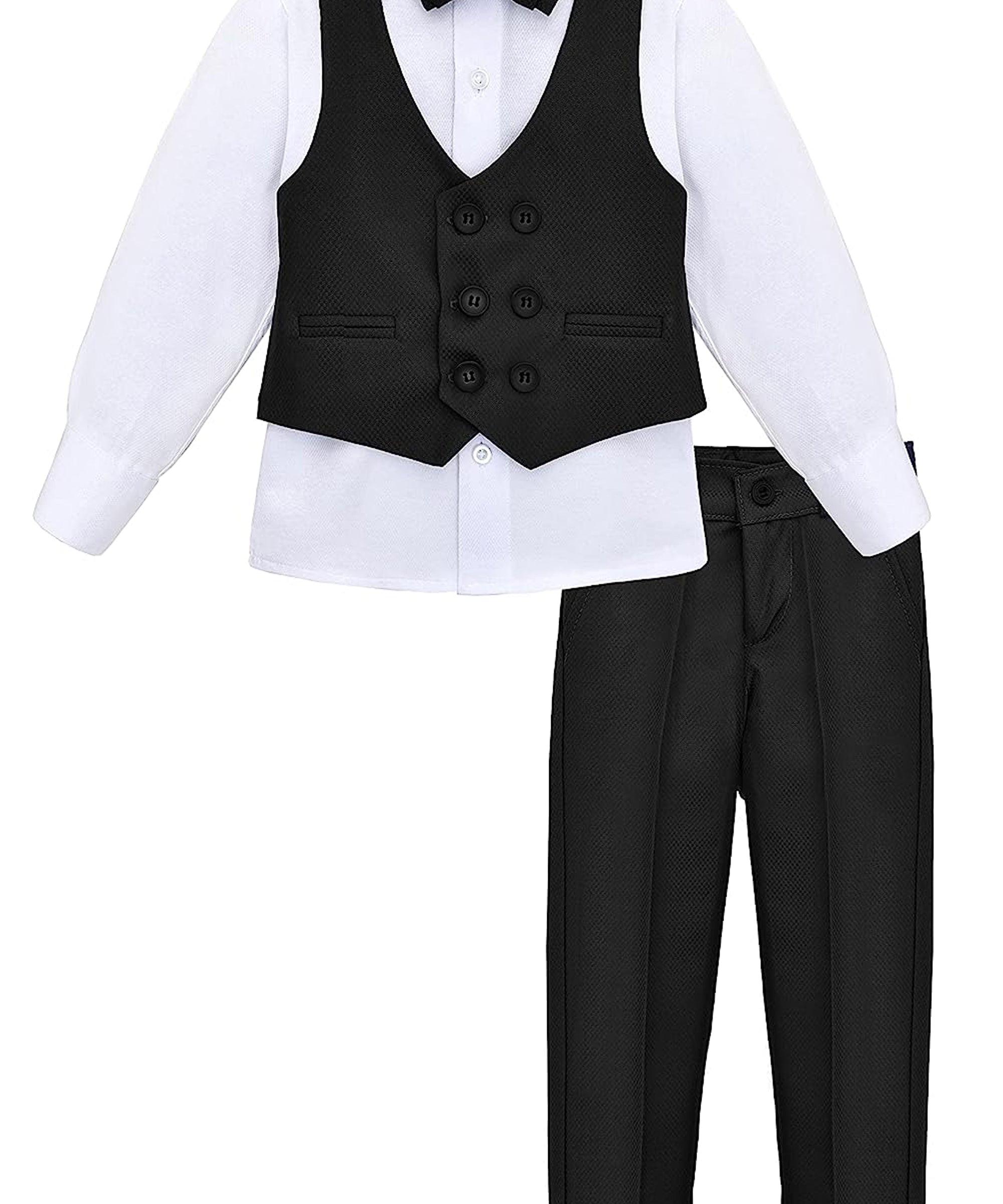 Boys 4 piece tuxedo suit with shirt, pants, vest and bow tie; perfect for baby boy clothes & christmas gift ideas  