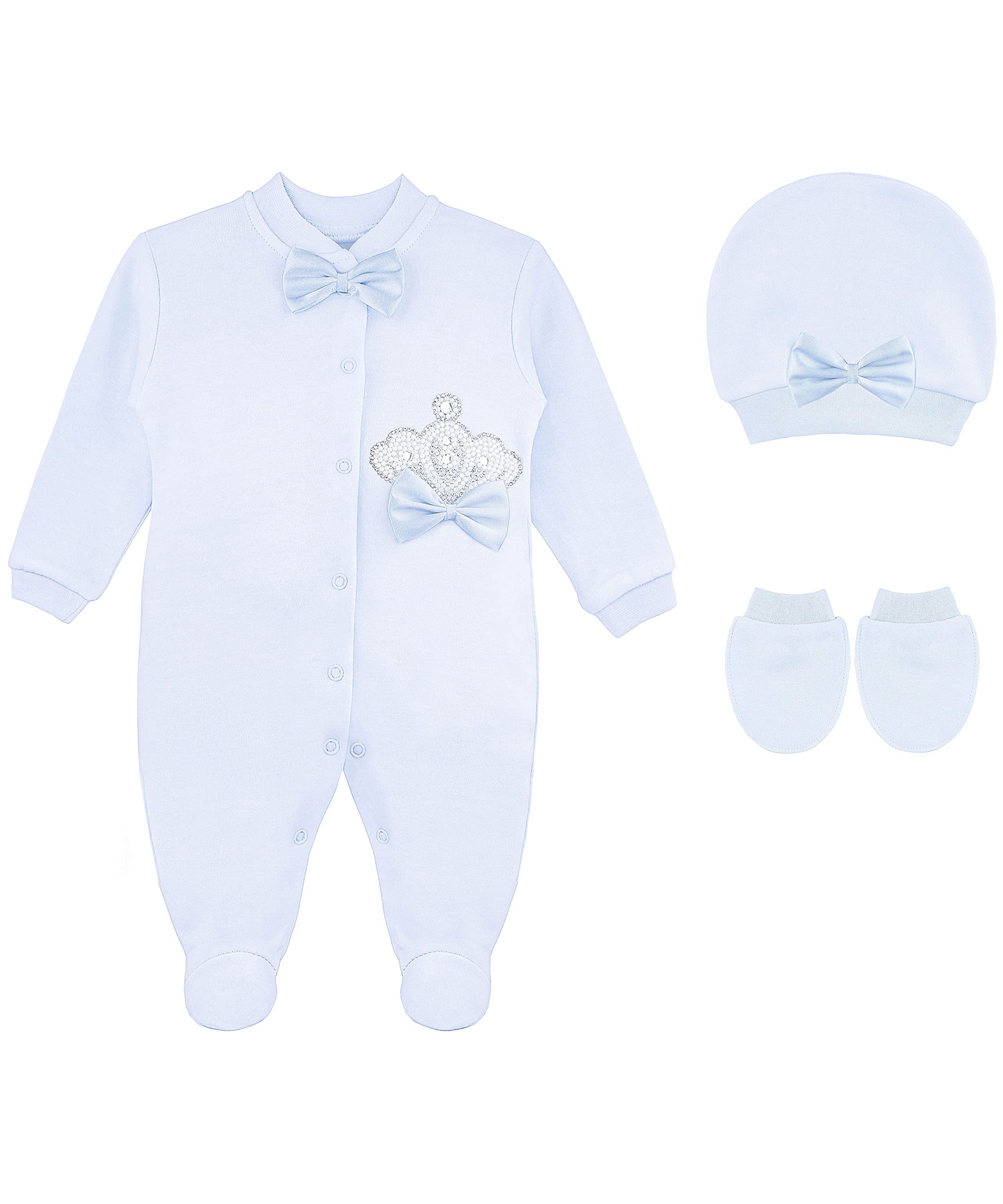 Jeweled crown newborn layette with footie, hat, mittens with bows; perfect for Christmas gift ideas