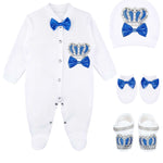 Jeweled crown newborn layette with footie, hat, mittens with bows; perfect christmas pajamas and christmas gift ideas