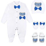 Jeweled crown newborn layette with footie, hat, mittens with bows; perfect christmas pajamas and christmas gift ideas