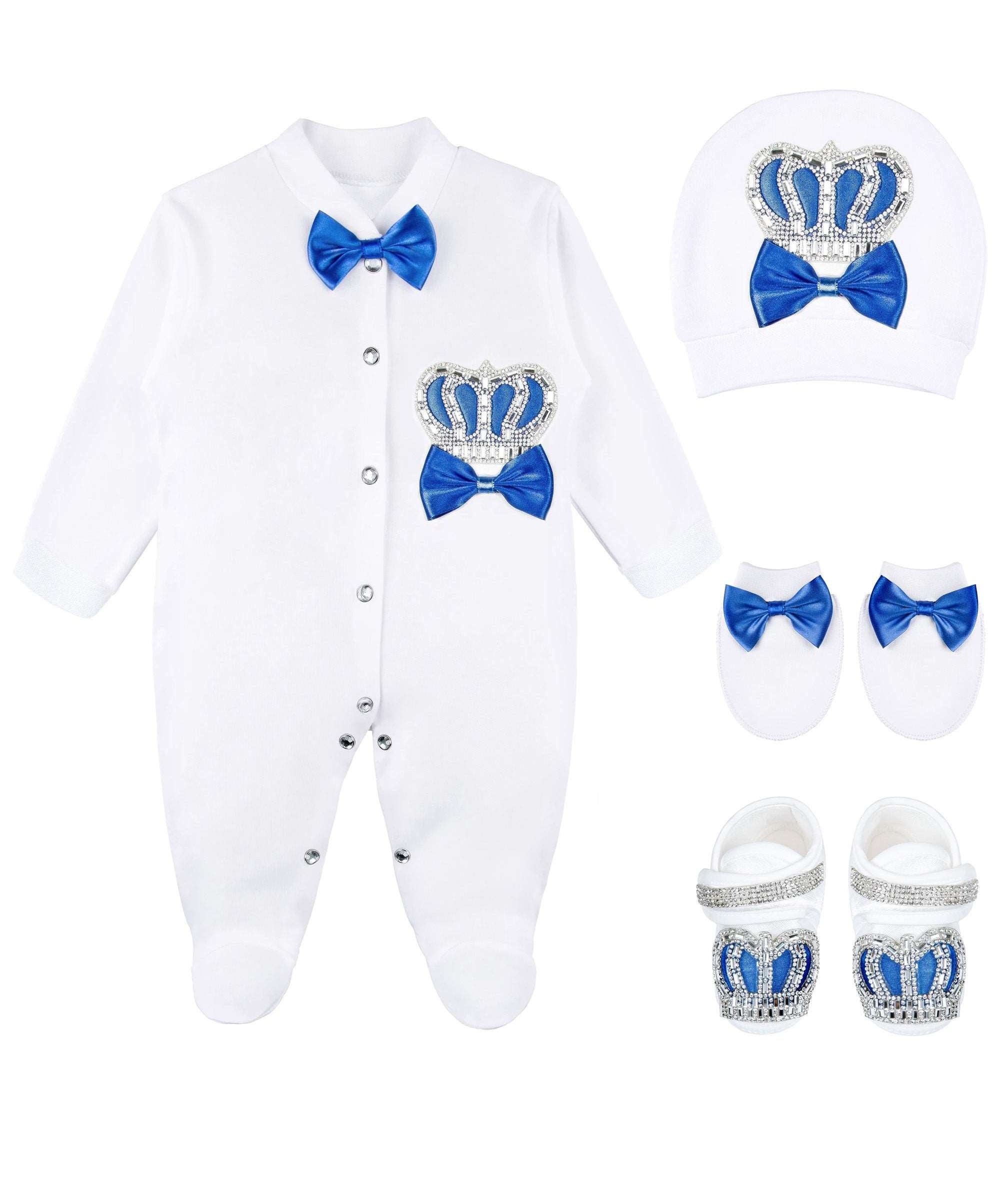 Jeweled crown newborn layette with footie, hat, mittens with bows; perfect christmas pajamas and christmas gift ideas