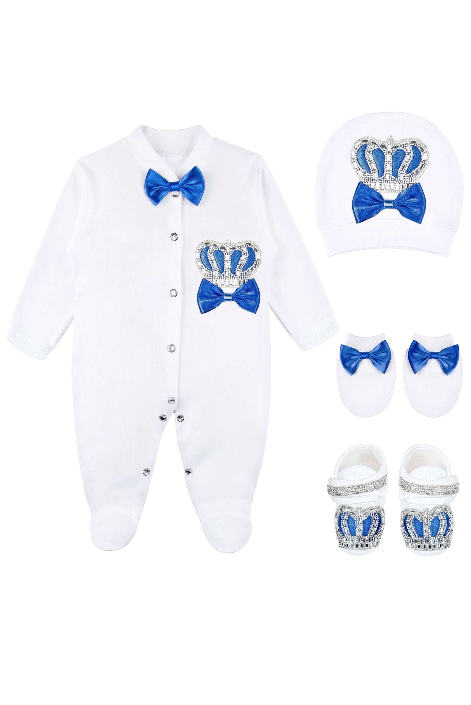 Jeweled crown newborn layette with footie, hat, mittens with bows; perfect christmas pajamas and christmas gift ideas