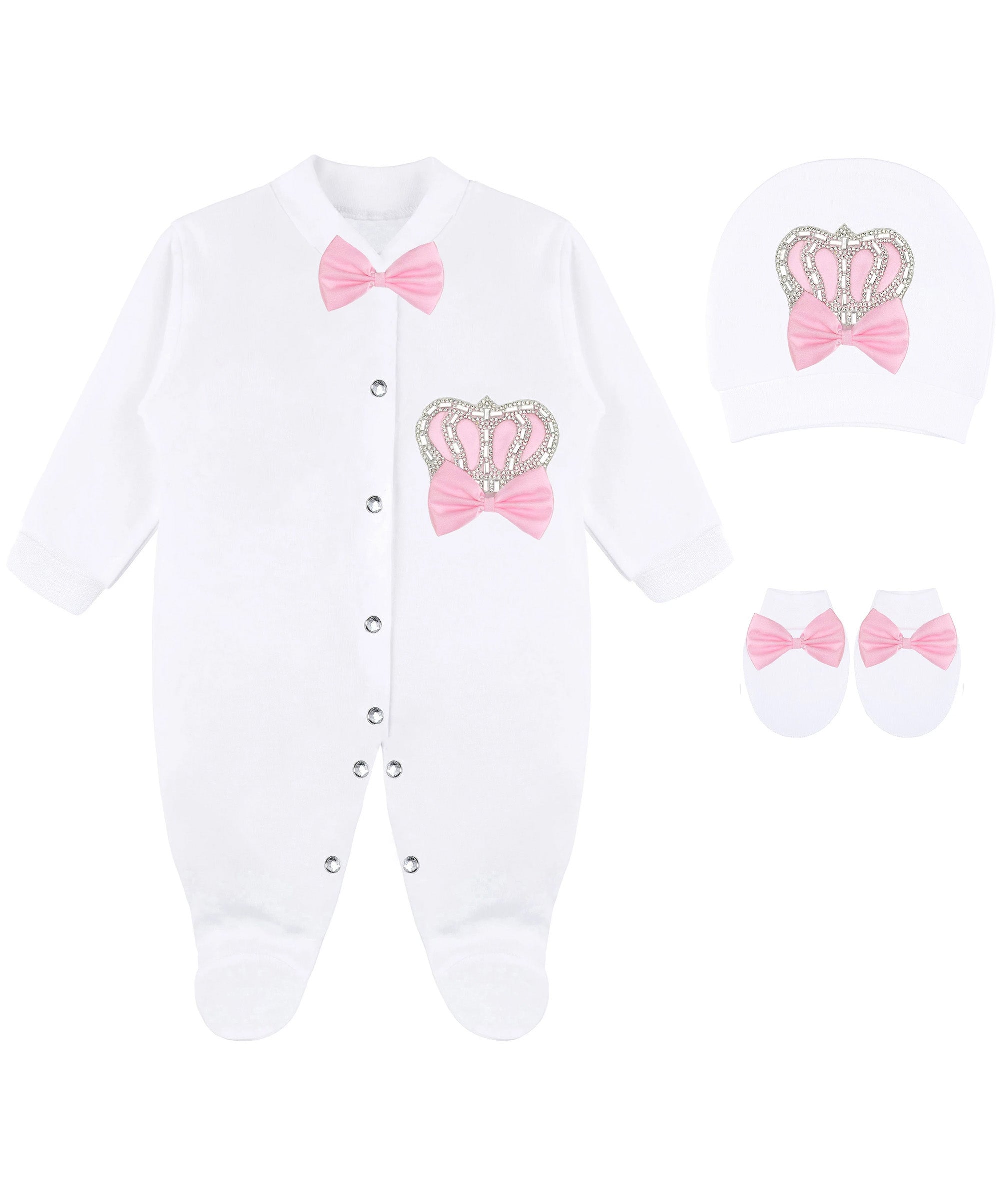 Jeweled crown newborn layette with footie, hat, mittens with bows; perfect christmas pajamas and christmas gift ideas